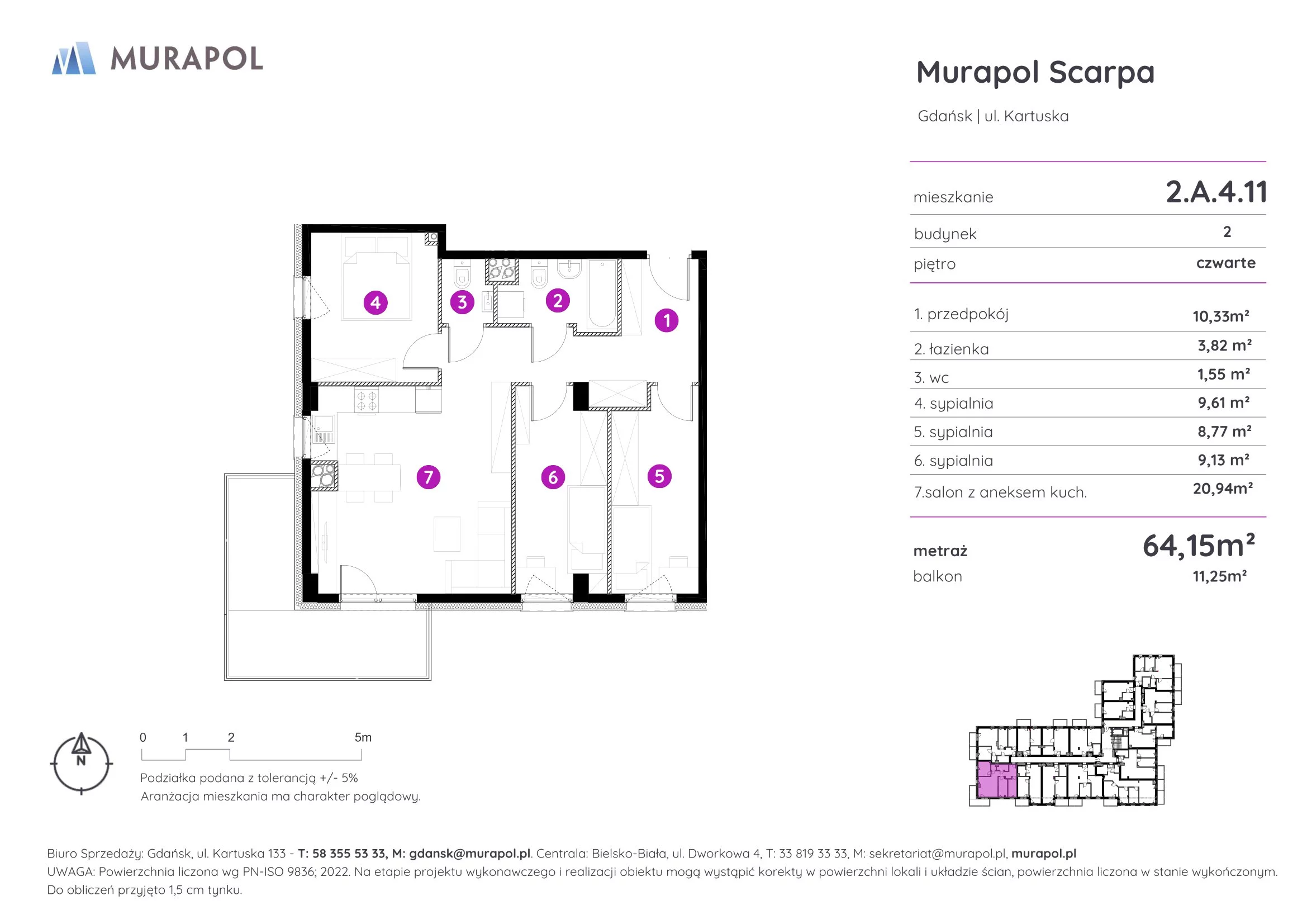 Mieszkanie 64,15 m², piętro 4, oferta nr 2.A.4.11, Murapol Scarpa, Gdańsk, Siedlce, ul. Kartuska