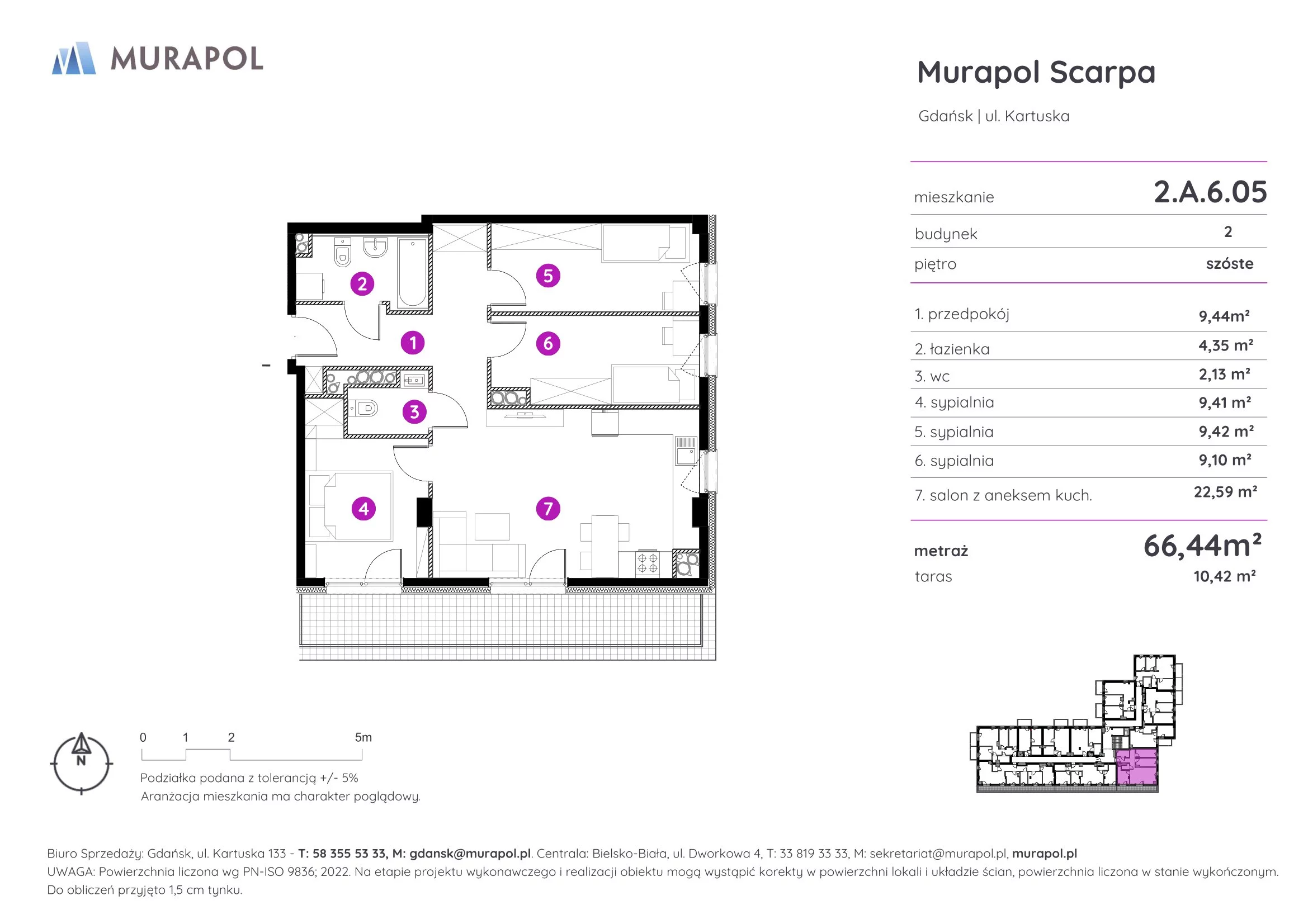 Mieszkanie 66,44 m², piętro 6, oferta nr 2.A.6.05, Murapol Scarpa, Gdańsk, Siedlce, ul. Kartuska