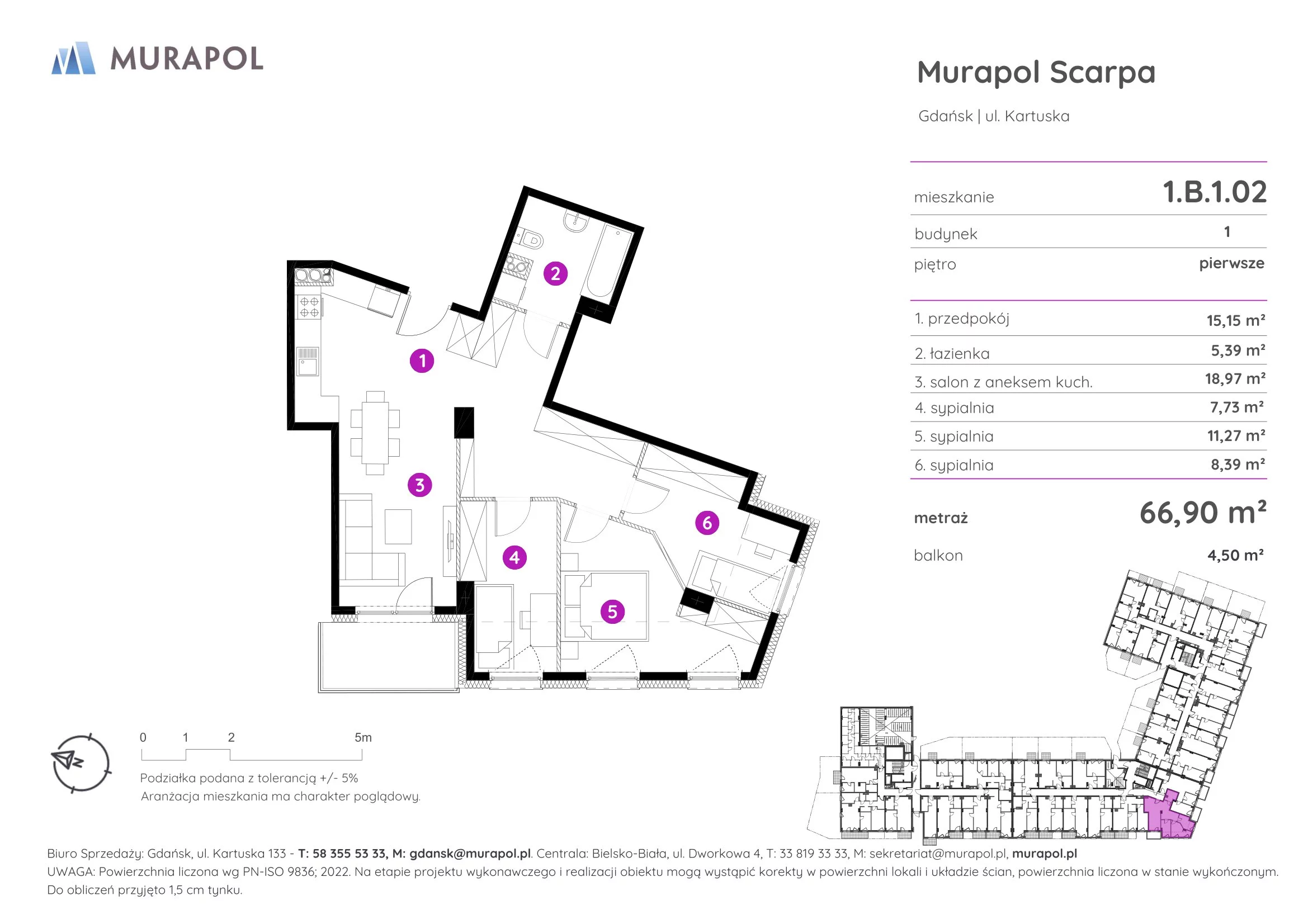 4 pokoje, mieszkanie 66,90 m², piętro 1, oferta nr 1.B.1.02, Murapol Scarpa, Gdańsk, Siedlce, ul. Kartuska