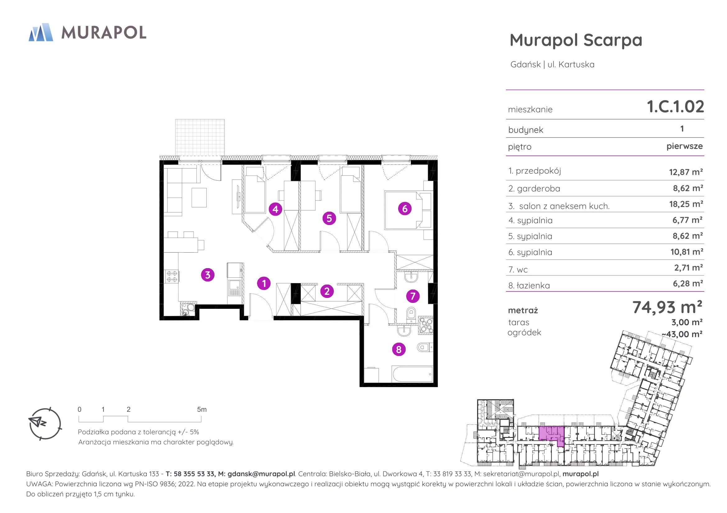 4 pokoje, mieszkanie 74,93 m², piętro 1, oferta nr 1.C.1.02, Murapol Scarpa, Gdańsk, Siedlce, ul. Kartuska