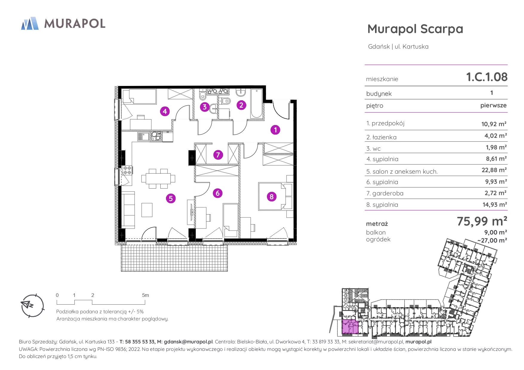 4 pokoje, mieszkanie 75,99 m², piętro 1, oferta nr 1.C.1.08, Murapol Scarpa, Gdańsk, Siedlce, ul. Kartuska