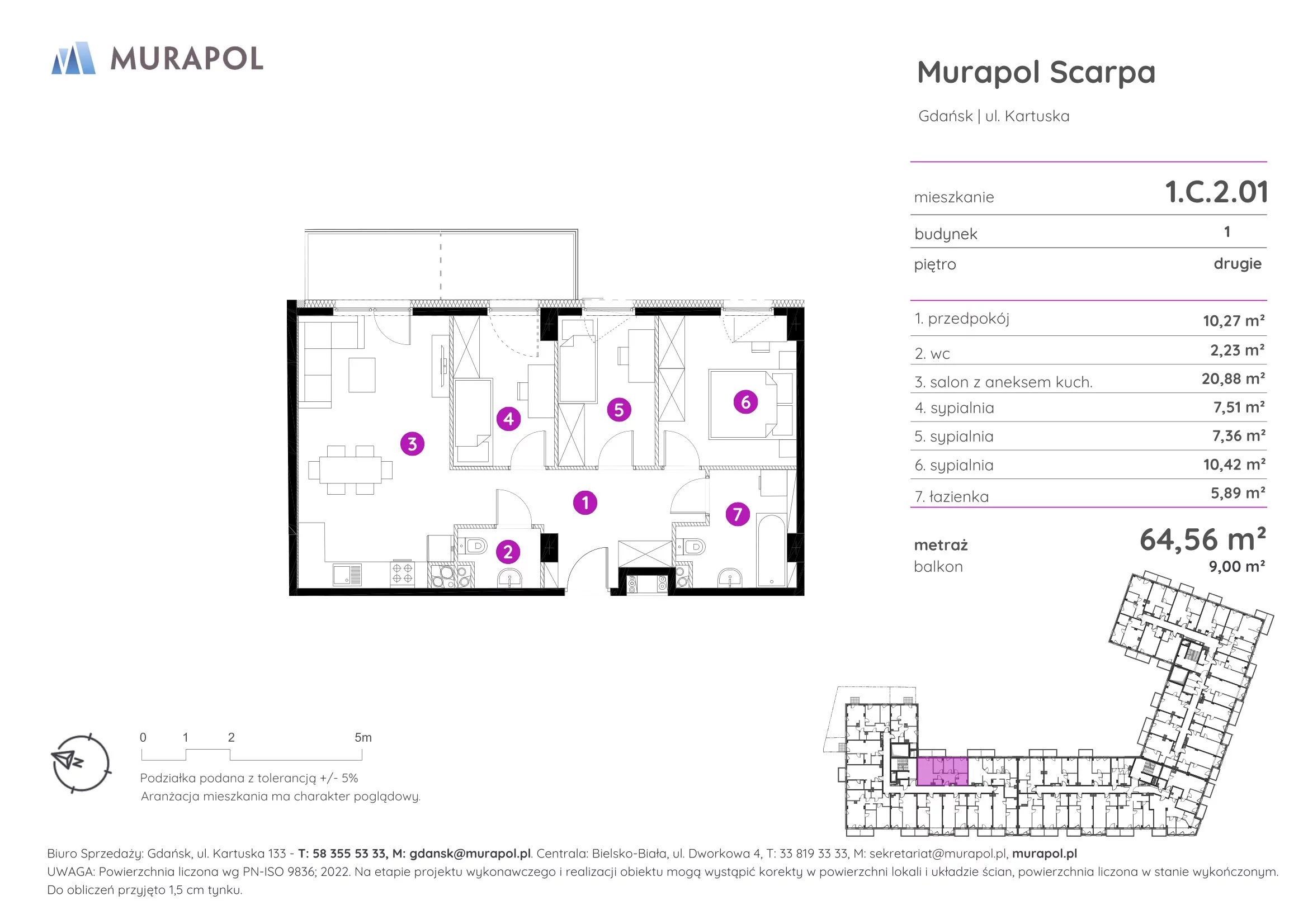 4 pokoje, mieszkanie 64,56 m², piętro 2, oferta nr 1.C.2.01, Murapol Scarpa, Gdańsk, Siedlce, ul. Kartuska