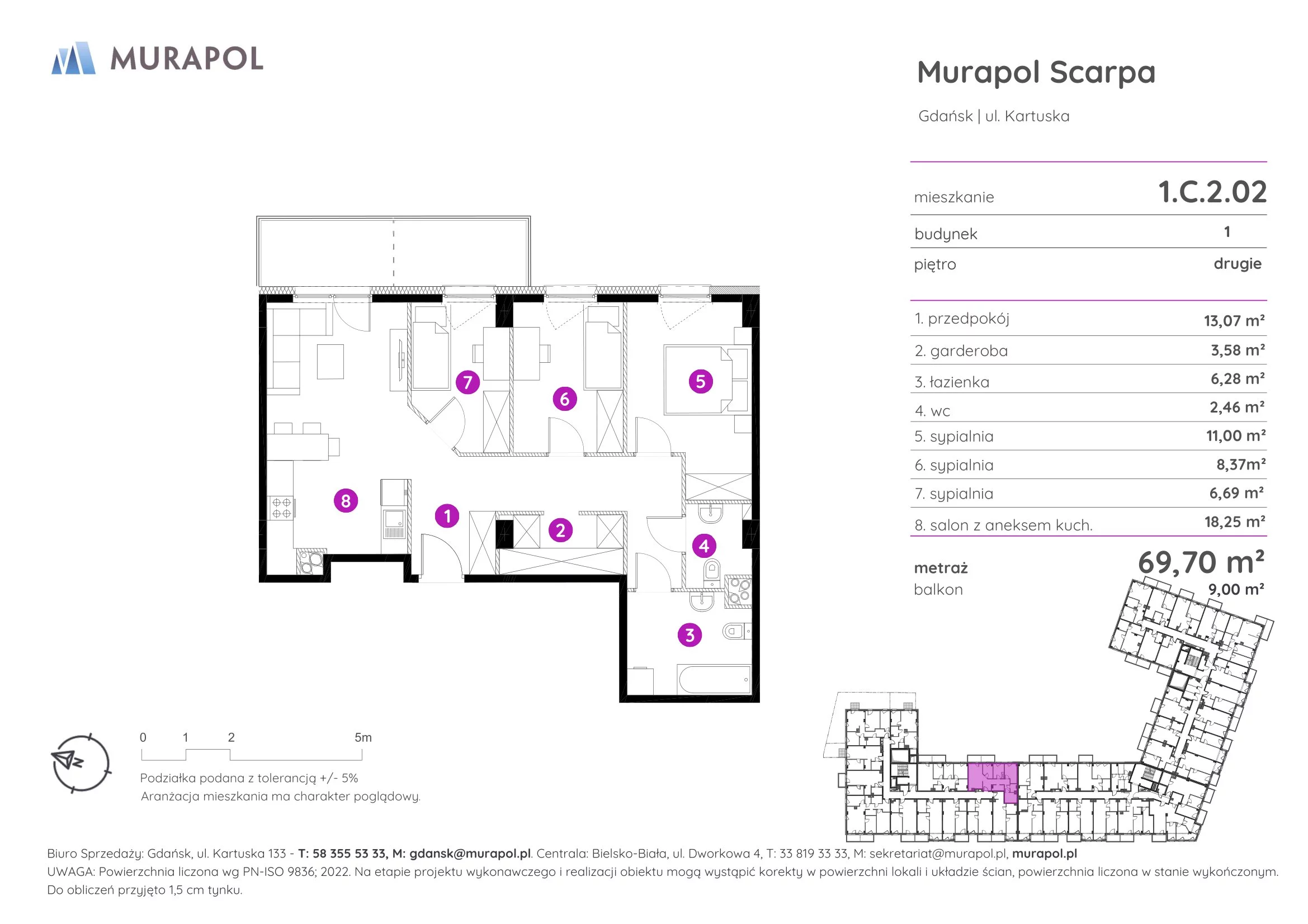 4 pokoje, mieszkanie 69,70 m², piętro 2, oferta nr 1.C.2.02, Murapol Scarpa, Gdańsk, Siedlce, ul. Kartuska