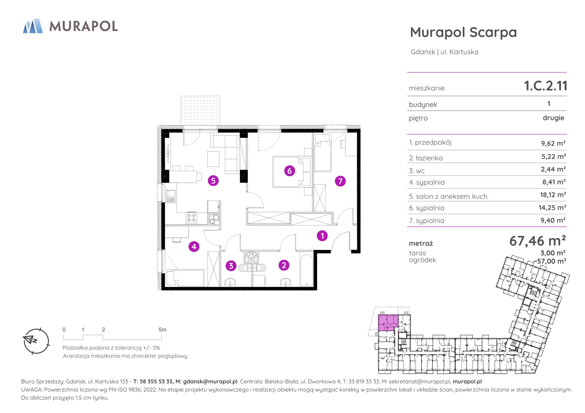 4 pokoje, mieszkanie 67,46 m², piętro 2, oferta nr 1.C.2.11, Murapol Scarpa, Gdańsk, Siedlce, ul. Kartuska