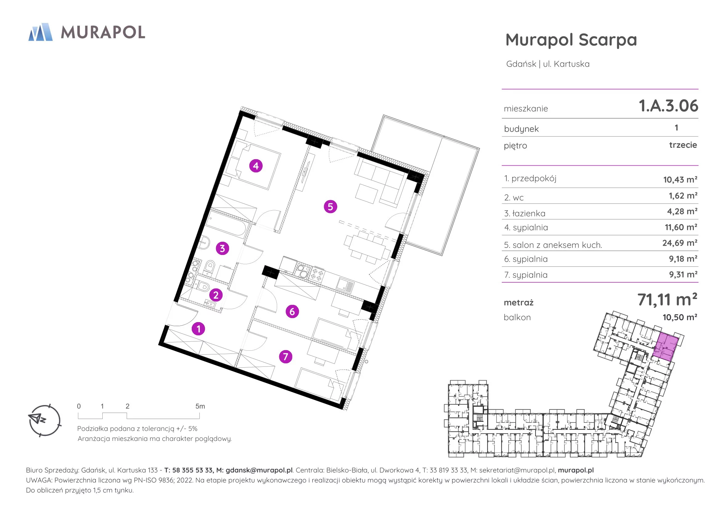 4 pokoje, mieszkanie 71,11 m², piętro 3, oferta nr 1.A.3.06, Murapol Scarpa, Gdańsk, Siedlce, ul. Kartuska