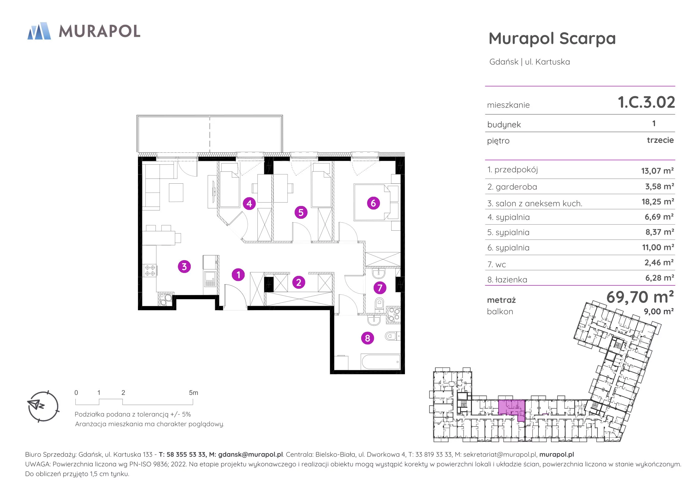 4 pokoje, mieszkanie 69,70 m², piętro 3, oferta nr 1.C.3.02, Murapol Scarpa, Gdańsk, Siedlce, ul. Kartuska