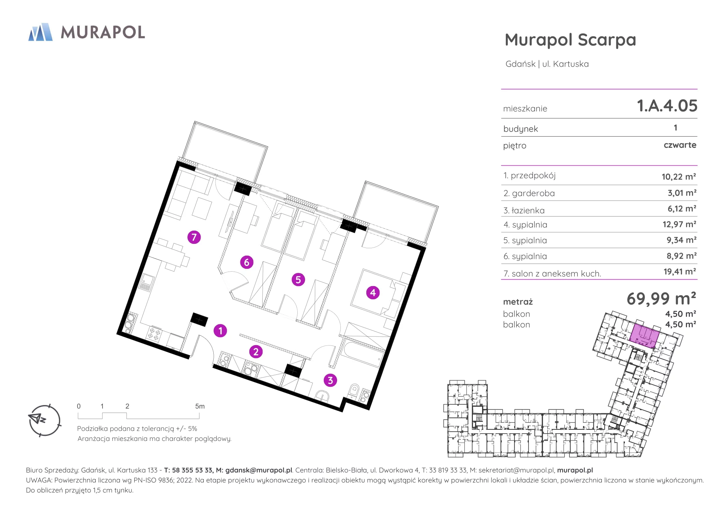 4 pokoje, mieszkanie 69,99 m², piętro 4, oferta nr 1.A.4.05, Murapol Scarpa, Gdańsk, Siedlce, ul. Kartuska