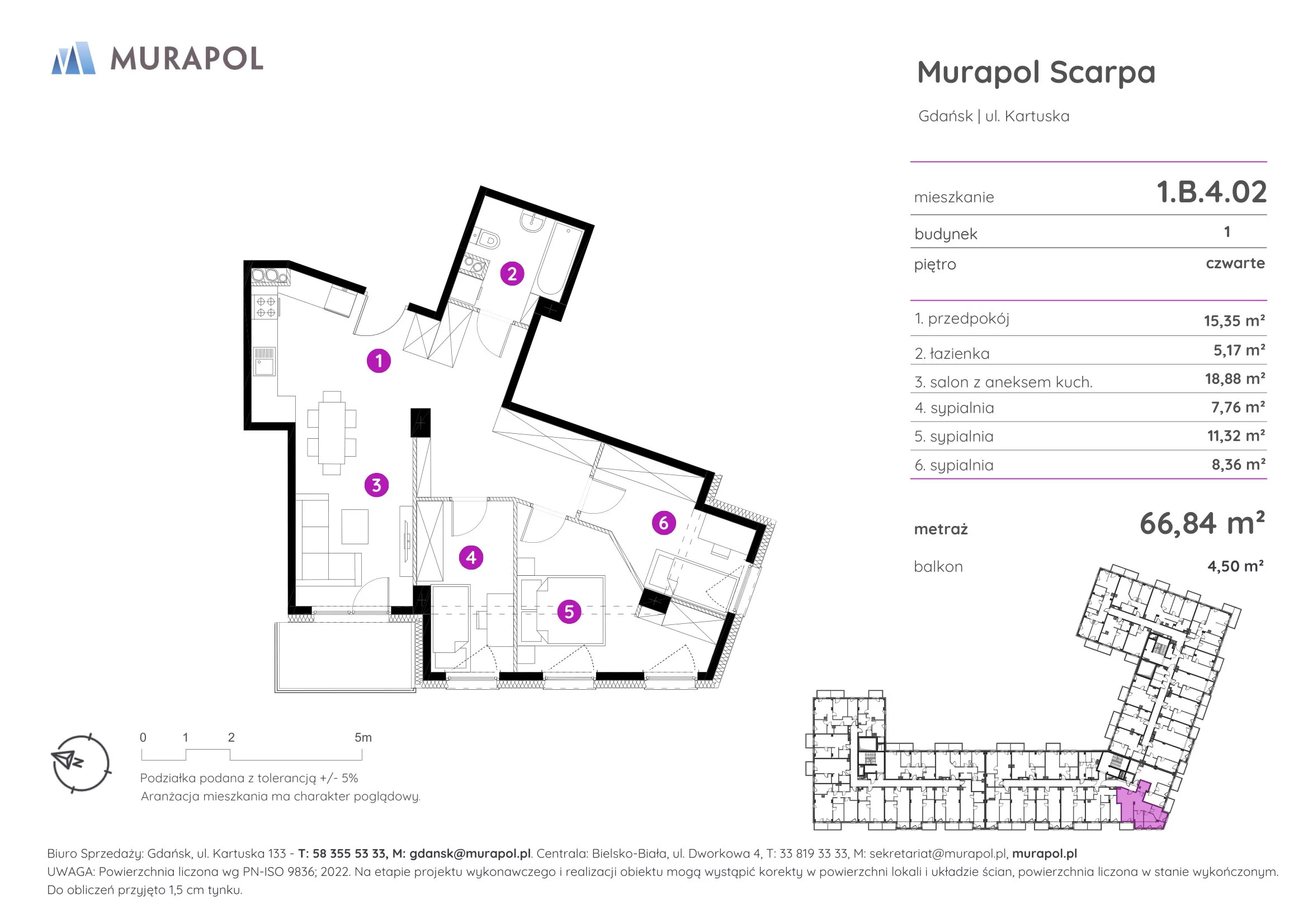 4 pokoje, mieszkanie 66,84 m², piętro 4, oferta nr 1.B.4.02, Murapol Scarpa, Gdańsk, Siedlce, ul. Kartuska