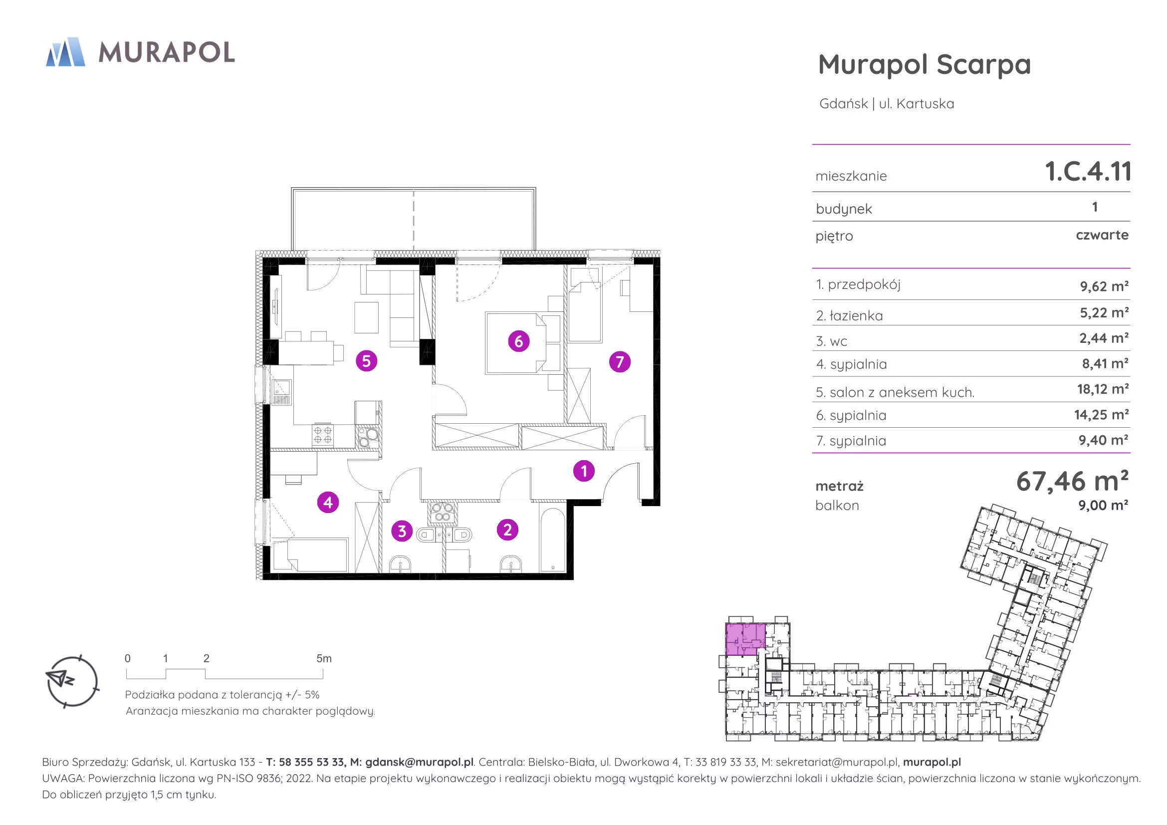 4 pokoje, mieszkanie 67,46 m², piętro 4, oferta nr 1.C.4.11, Murapol Scarpa, Gdańsk, Siedlce, ul. Kartuska