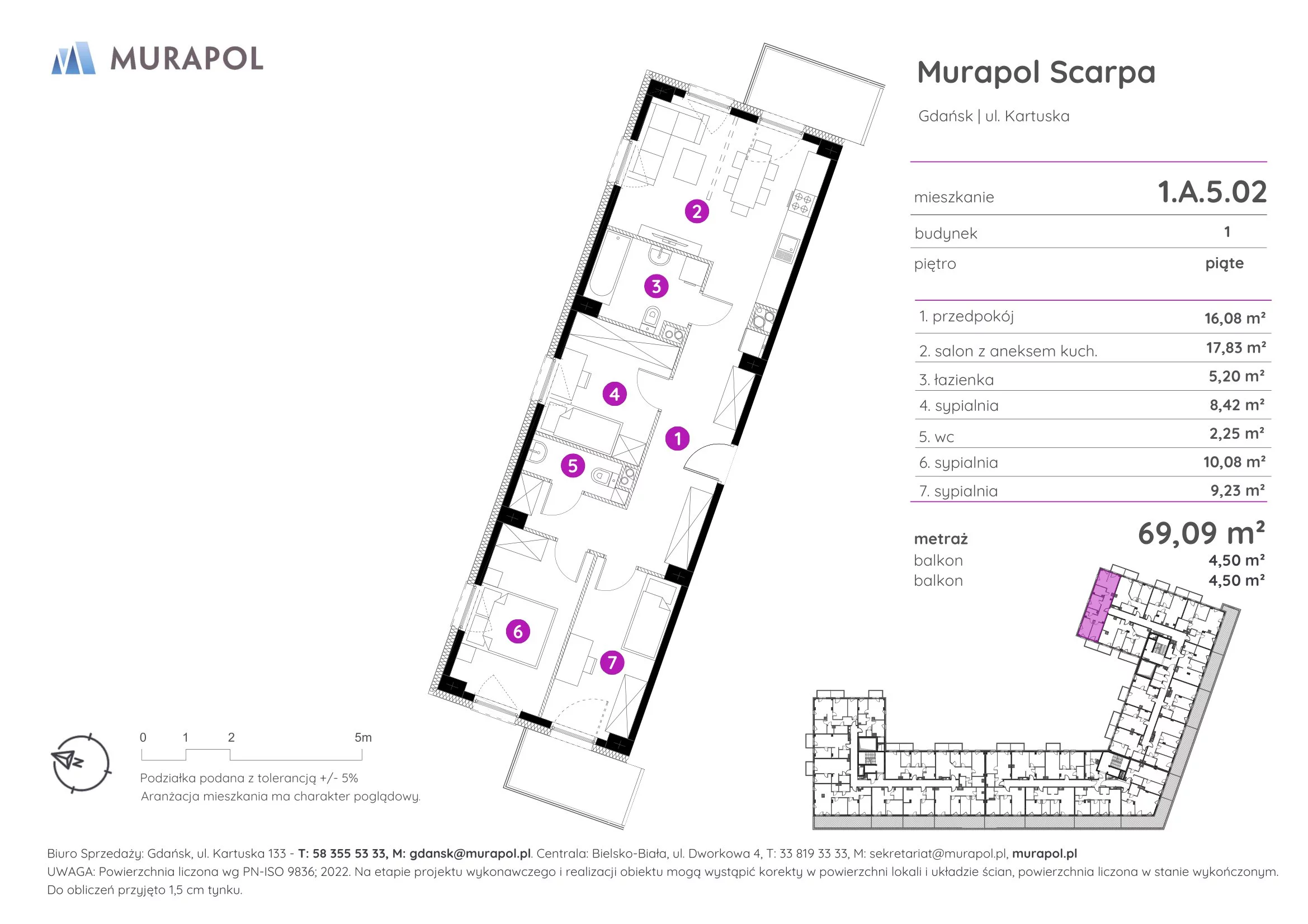 4 pokoje, mieszkanie 69,09 m², piętro 5, oferta nr 1.A.5.02, Murapol Scarpa, Gdańsk, Siedlce, ul. Kartuska