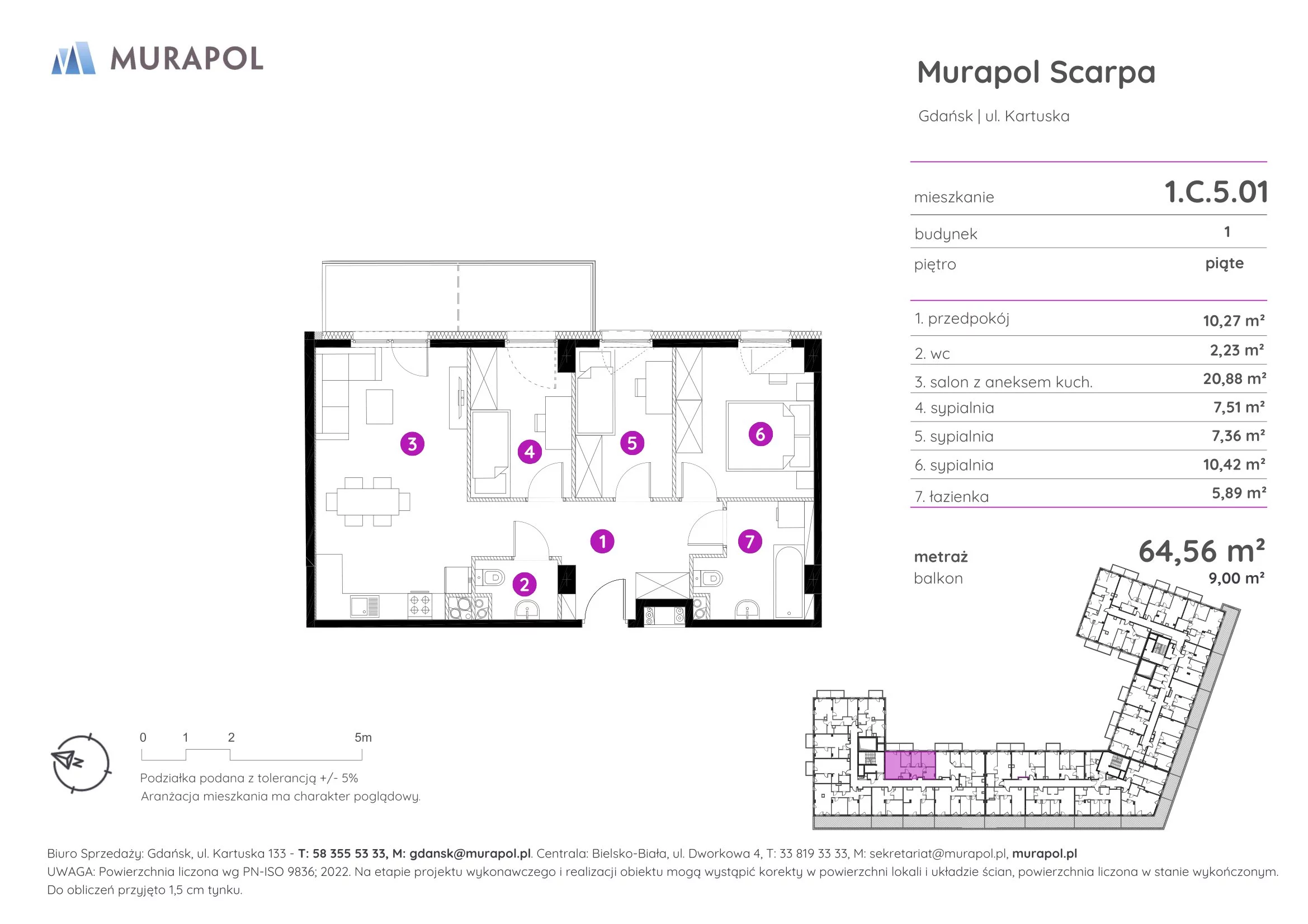 4 pokoje, mieszkanie 64,56 m², piętro 5, oferta nr 1.C.5.01, Murapol Scarpa, Gdańsk, Siedlce, ul. Kartuska