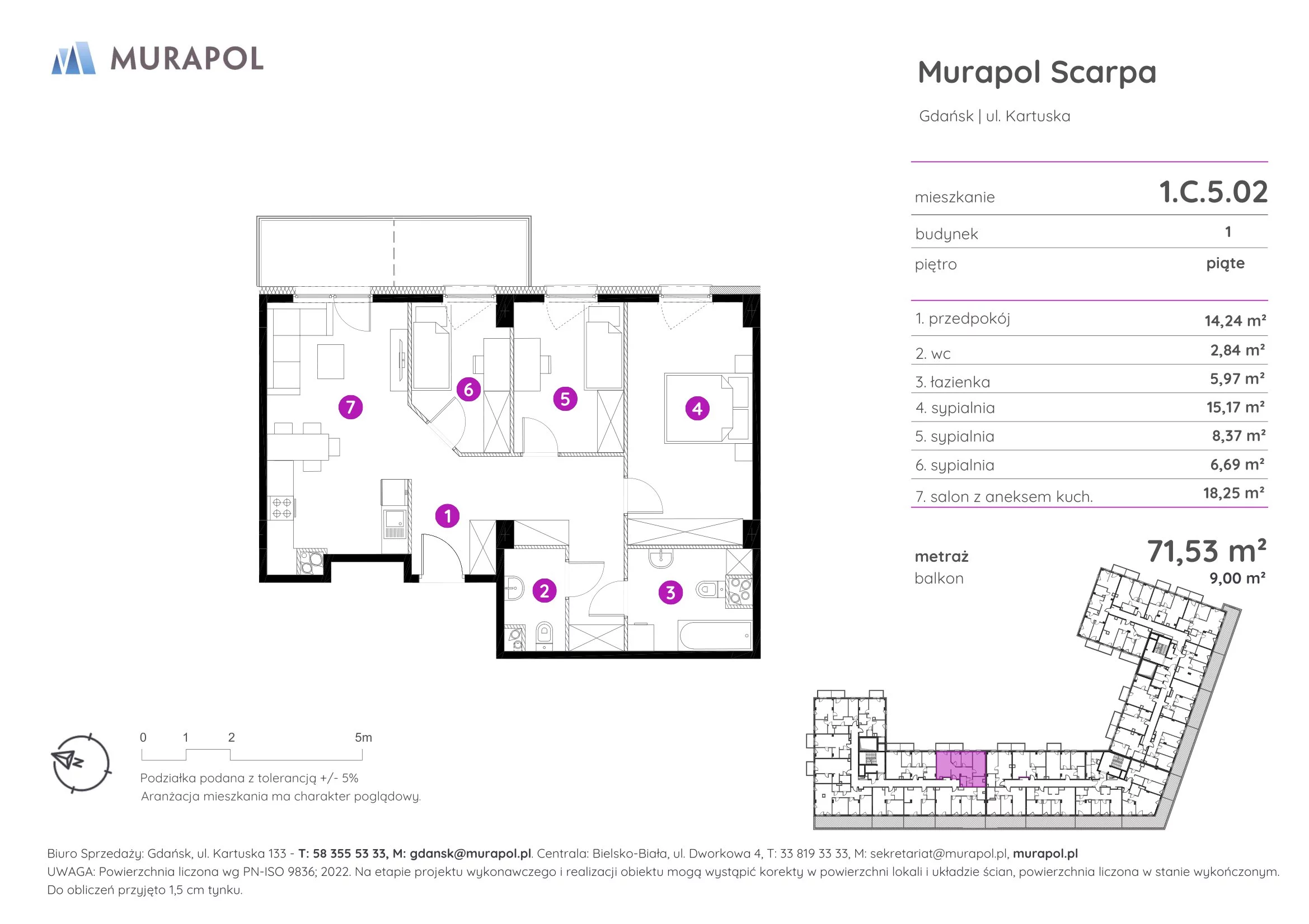 4 pokoje, mieszkanie 71,53 m², piętro 5, oferta nr 1.C.5.02, Murapol Scarpa, Gdańsk, Siedlce, ul. Kartuska