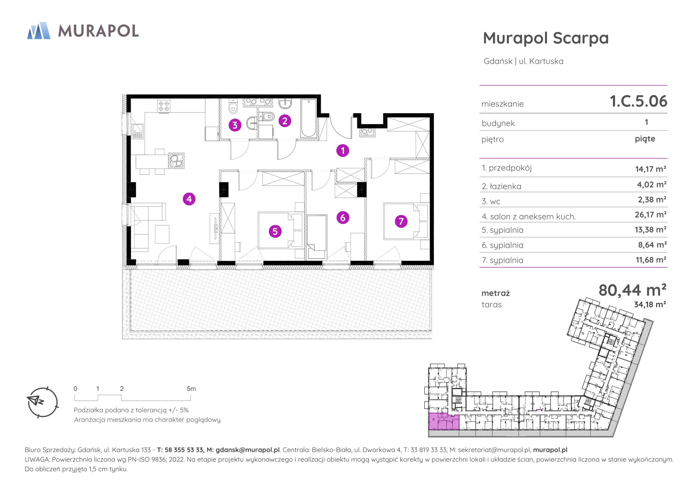 4 pokoje, mieszkanie 80,44 m², piętro 5, oferta nr 1.C.5.06, Murapol Scarpa, Gdańsk, Siedlce, ul. Kartuska