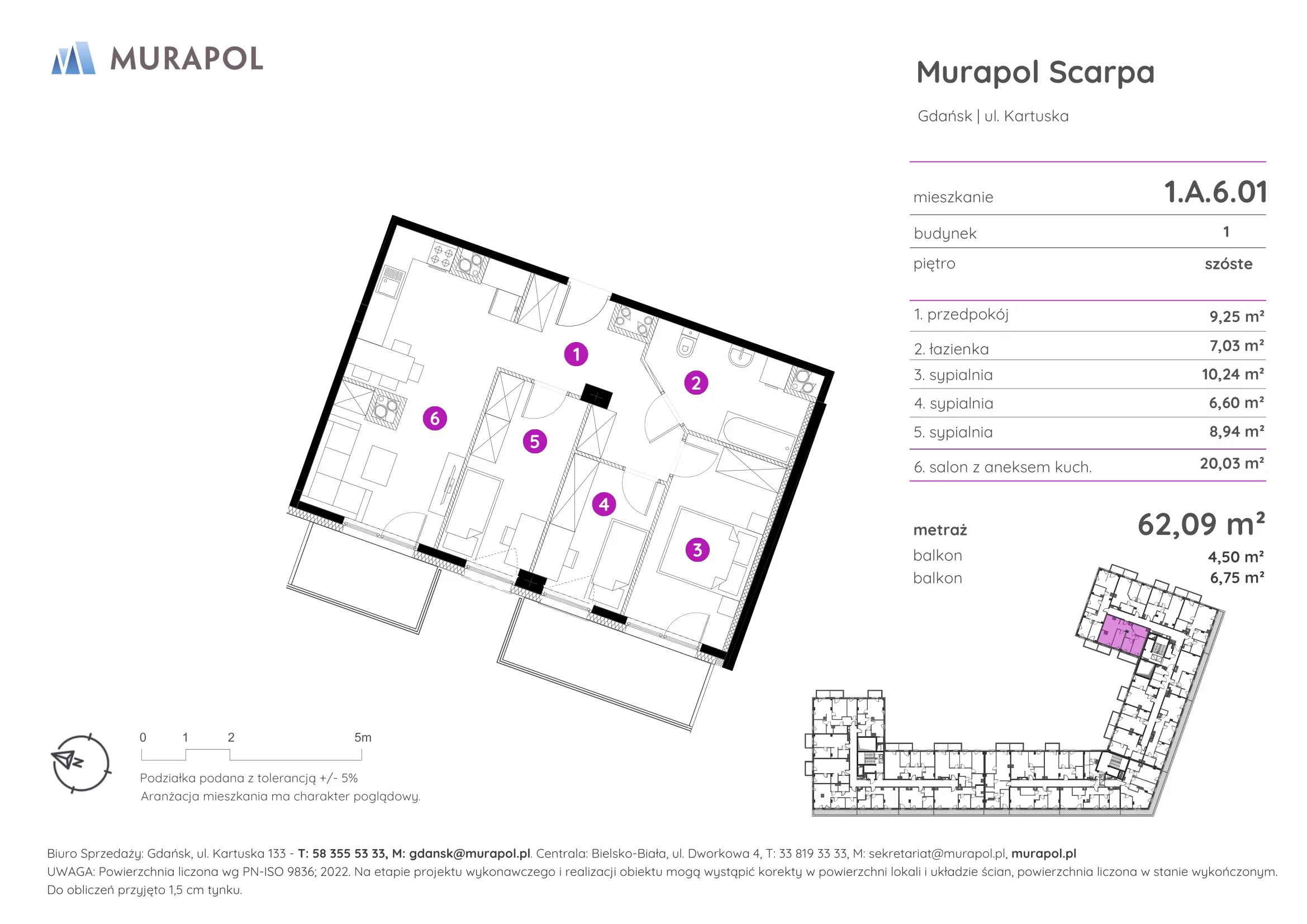 4 pokoje, mieszkanie 62,09 m², piętro 6, oferta nr 1.A.6.01, Murapol Scarpa, Gdańsk, Siedlce, ul. Kartuska