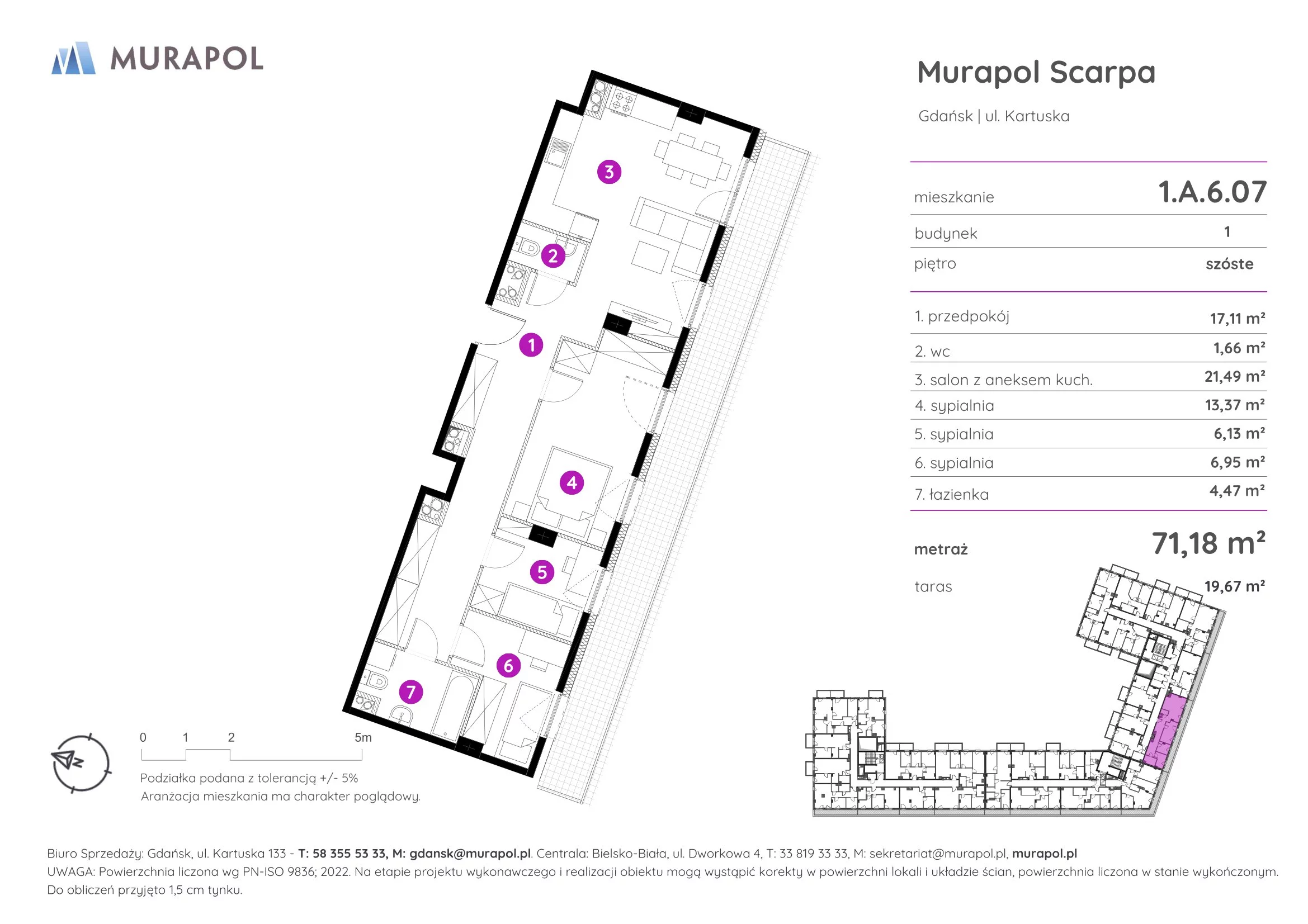 4 pokoje, mieszkanie 71,18 m², piętro 6, oferta nr 1.A.6.07, Murapol Scarpa, Gdańsk, Siedlce, ul. Kartuska