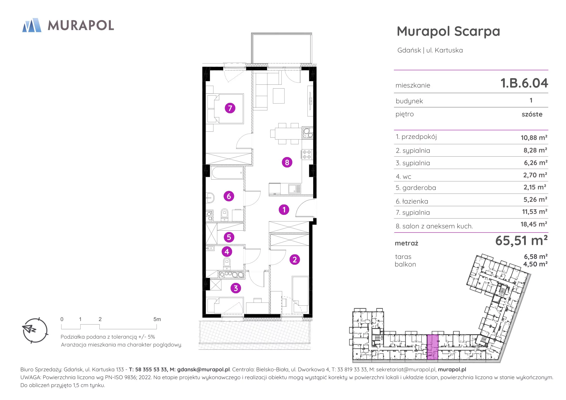 4 pokoje, mieszkanie 65,51 m², piętro 6, oferta nr 1.B.6.04, Murapol Scarpa, Gdańsk, Siedlce, ul. Kartuska