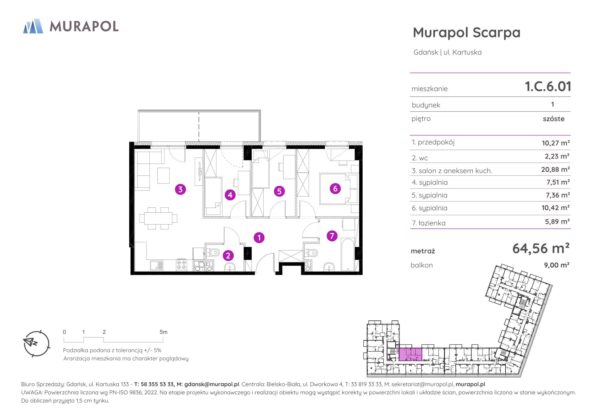 4 pokoje, mieszkanie 64,56 m², piętro 6, oferta nr 1.C.6.01, Murapol Scarpa, Gdańsk, Siedlce, ul. Kartuska