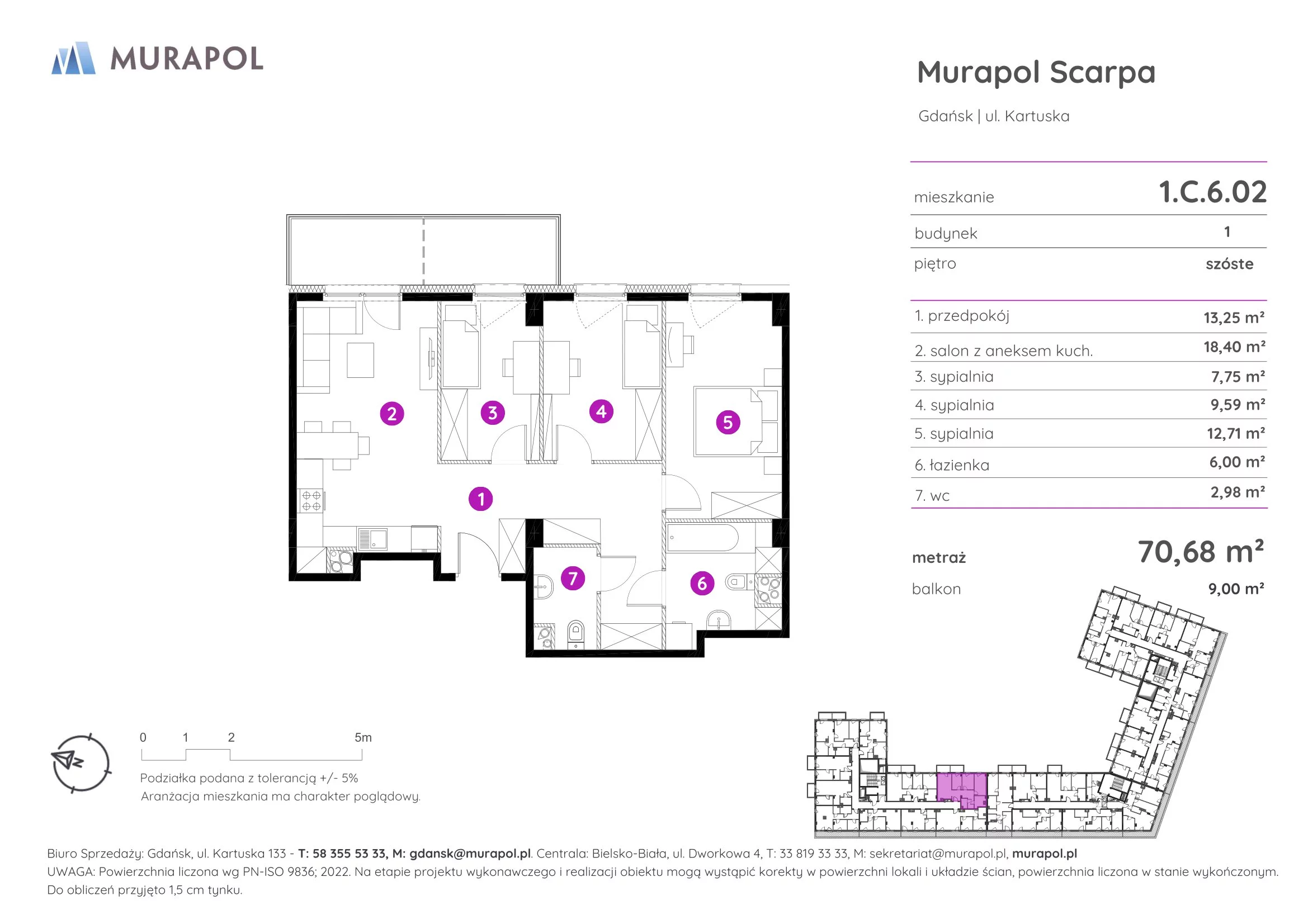 4 pokoje, mieszkanie 70,68 m², piętro 6, oferta nr 1.C.6.02, Murapol Scarpa, Gdańsk, Siedlce, ul. Kartuska