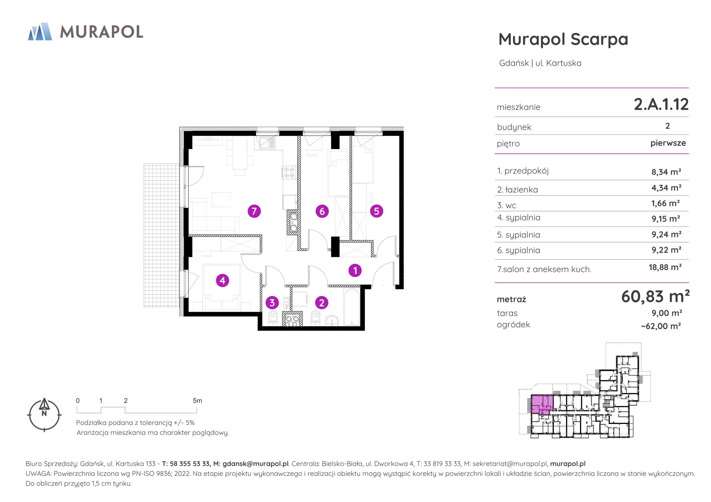 4 pokoje, mieszkanie 60,83 m², piętro 1, oferta nr 2.A.1.12, Murapol Scarpa, Gdańsk, Siedlce, ul. Kartuska