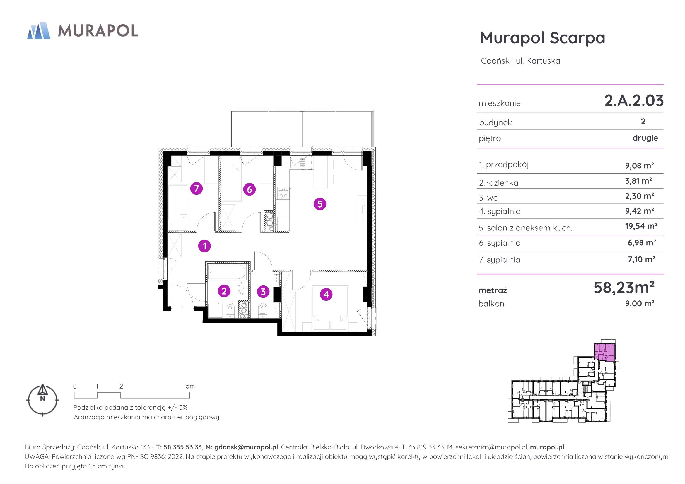 4 pokoje, mieszkanie 58,23 m², piętro 2, oferta nr 2.A.2.03, Murapol Scarpa, Gdańsk, Siedlce, ul. Kartuska