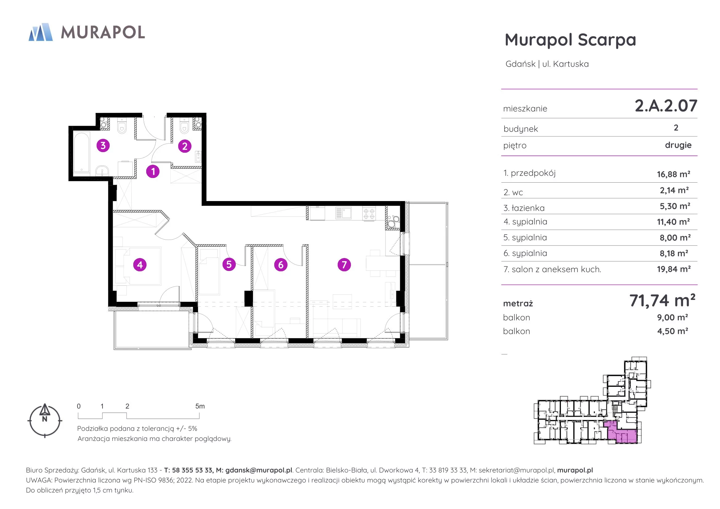 4 pokoje, mieszkanie 71,74 m², piętro 2, oferta nr 2.A.2.07, Murapol Scarpa, Gdańsk, Siedlce, ul. Kartuska