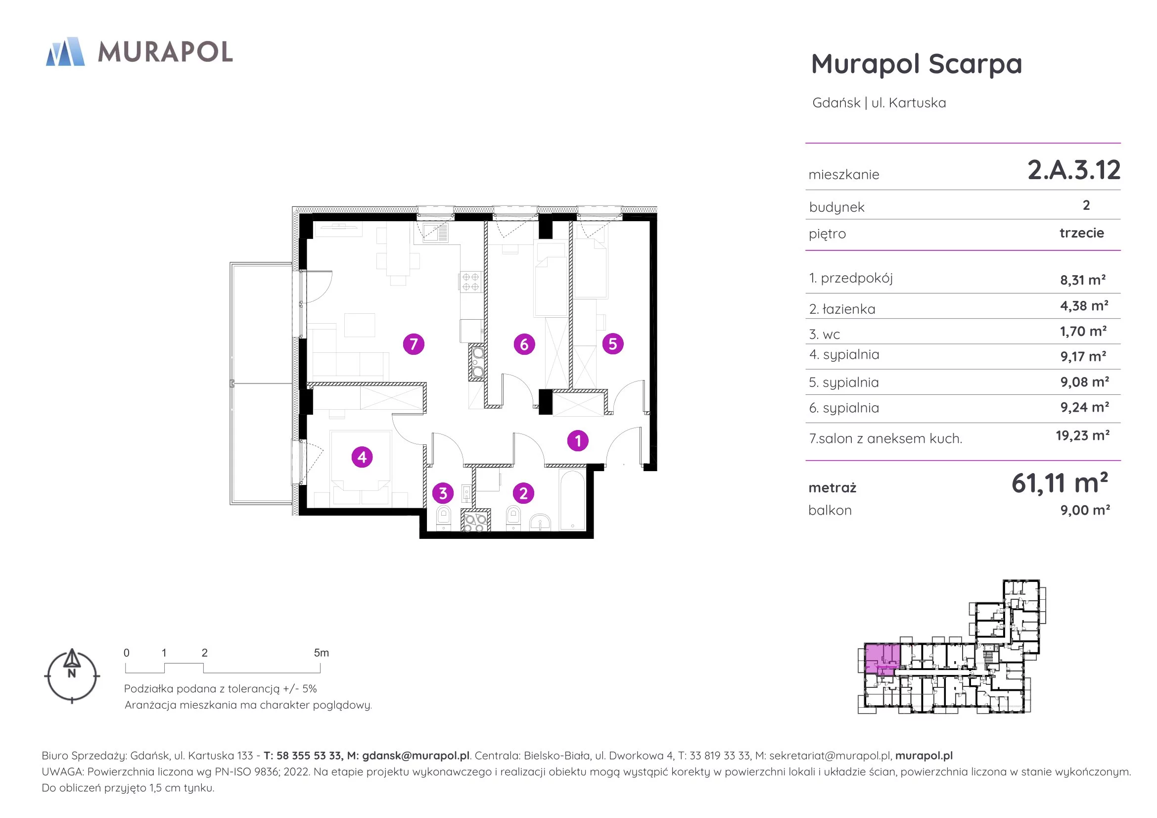 4 pokoje, mieszkanie 61,11 m², piętro 3, oferta nr 2.A.3.12, Murapol Scarpa, Gdańsk, Siedlce, ul. Kartuska