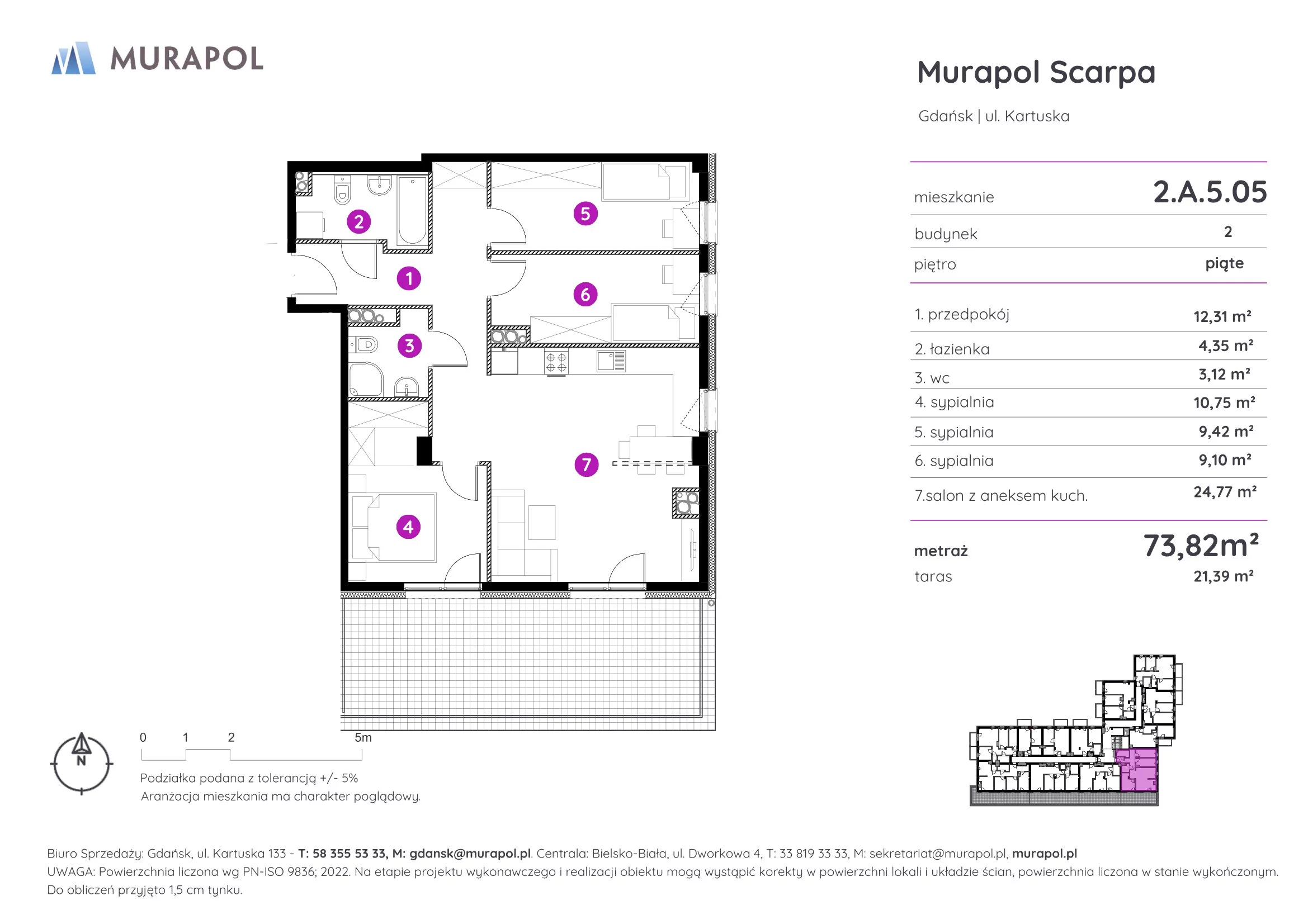 4 pokoje, mieszkanie 73,82 m², piętro 5, oferta nr 2.A.5.05, Murapol Scarpa, Gdańsk, Siedlce, ul. Kartuska