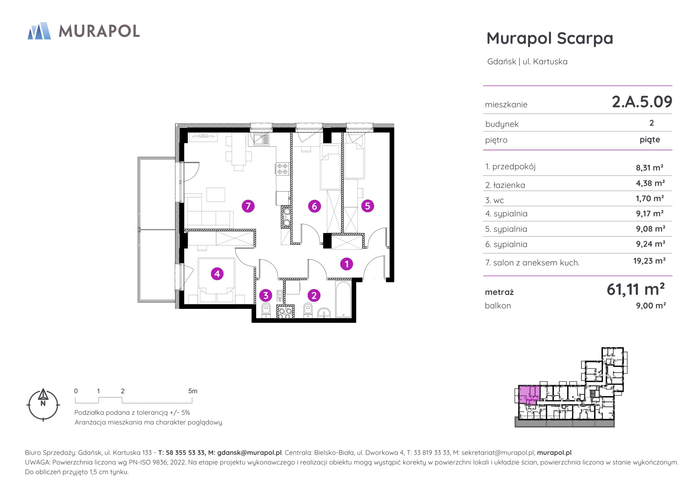 4 pokoje, mieszkanie 61,11 m², piętro 5, oferta nr 2.A.5.09, Murapol Scarpa, Gdańsk, Siedlce, ul. Kartuska