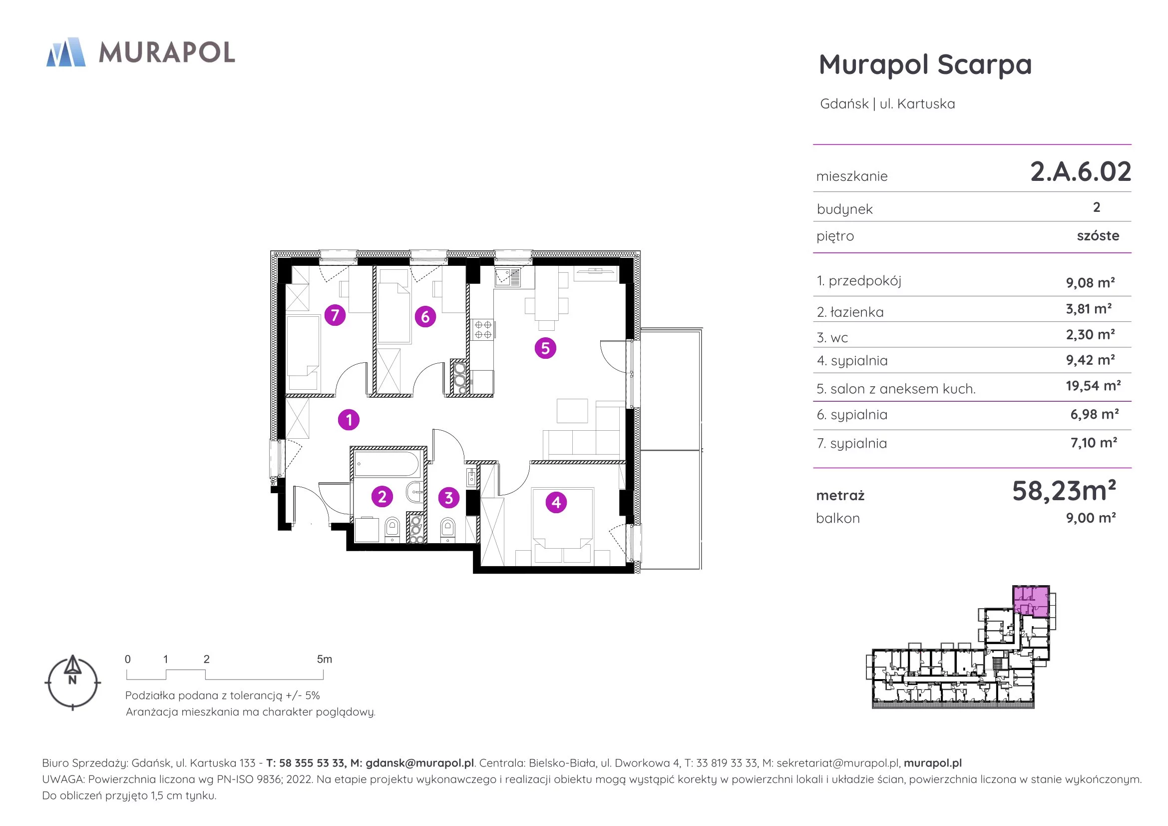 4 pokoje, mieszkanie 58,23 m², piętro 6, oferta nr 2.A.6.02, Murapol Scarpa, Gdańsk, Siedlce, ul. Kartuska