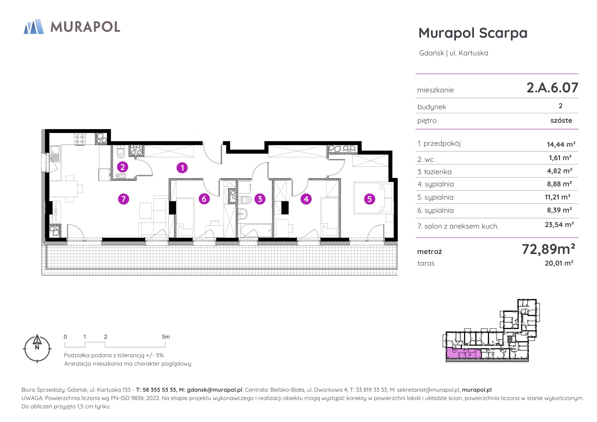 4 pokoje, mieszkanie 72,89 m², piętro 6, oferta nr 2.A.6.07, Murapol Scarpa, Gdańsk, Siedlce, ul. Kartuska