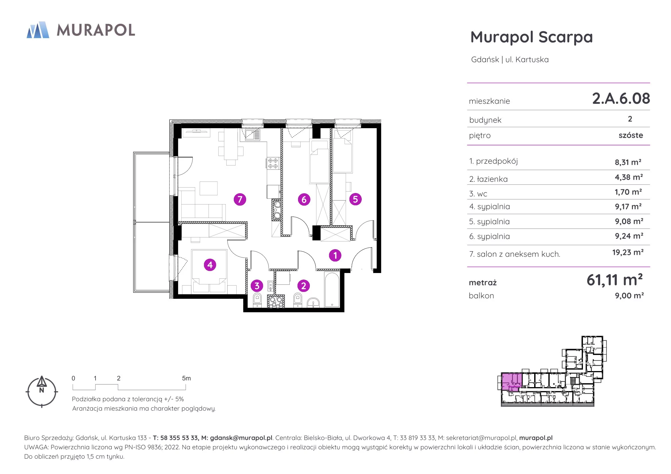 4 pokoje, mieszkanie 61,11 m², piętro 6, oferta nr 2.A.6.08, Murapol Scarpa, Gdańsk, Siedlce, ul. Kartuska
