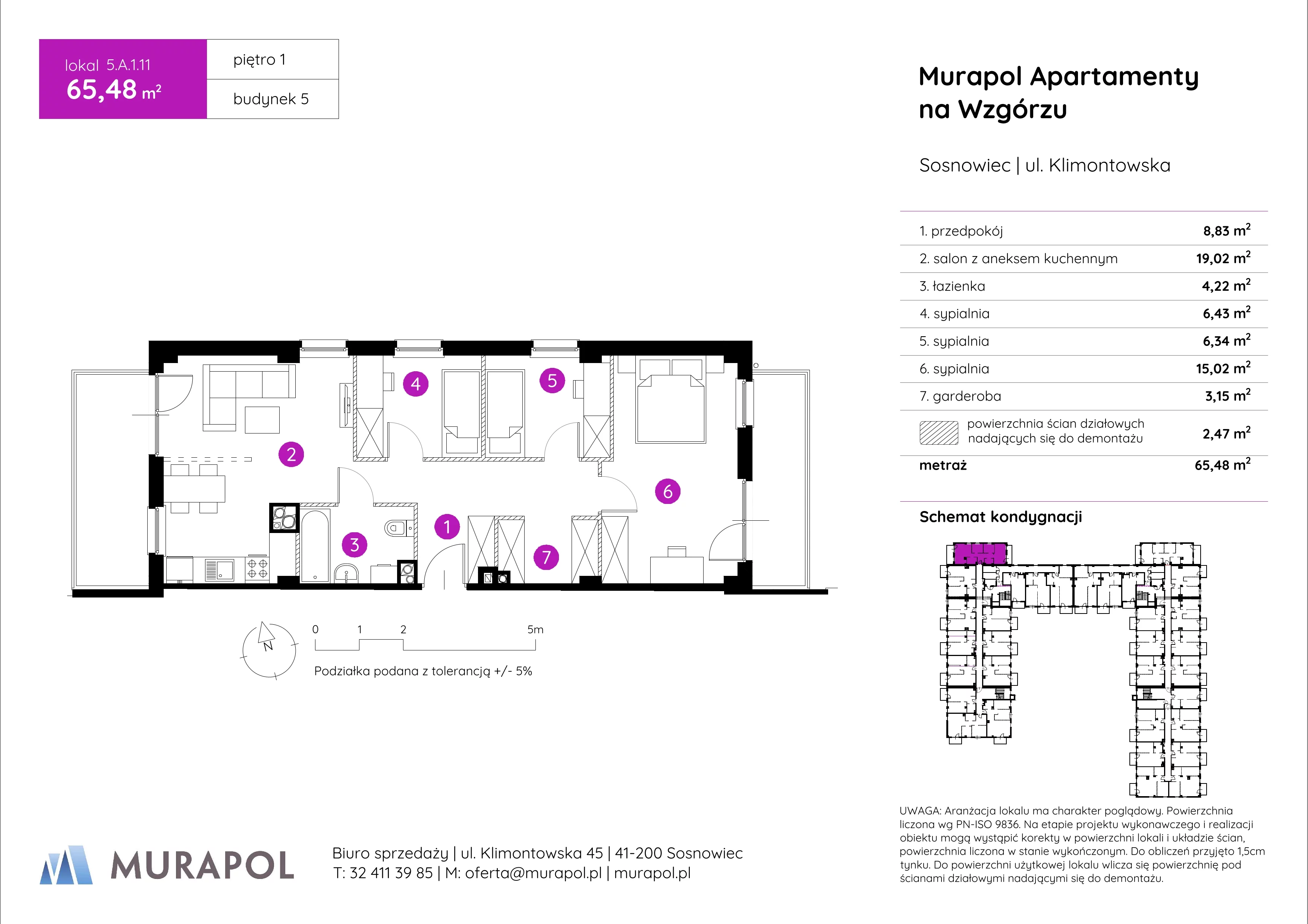 4 pokoje, mieszkanie 65,48 m², piętro 1, oferta nr 5.A.1.11, Murapol Apartamenty Na Wzgórzu, Sosnowiec, Klimontów, ul. Klimontowska 45