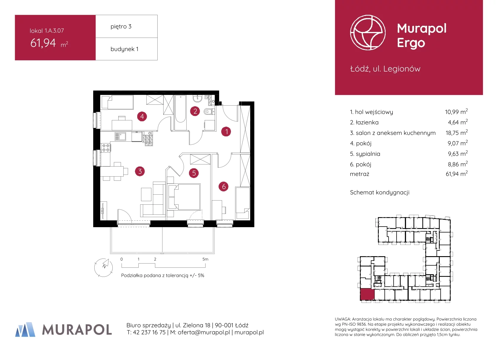 4 pokoje, mieszkanie 61,94 m², piętro 3, oferta nr 1.A.3.07, Murapol Ergo, Łódź, Polesie, Stare Polesie, ul. Legionów