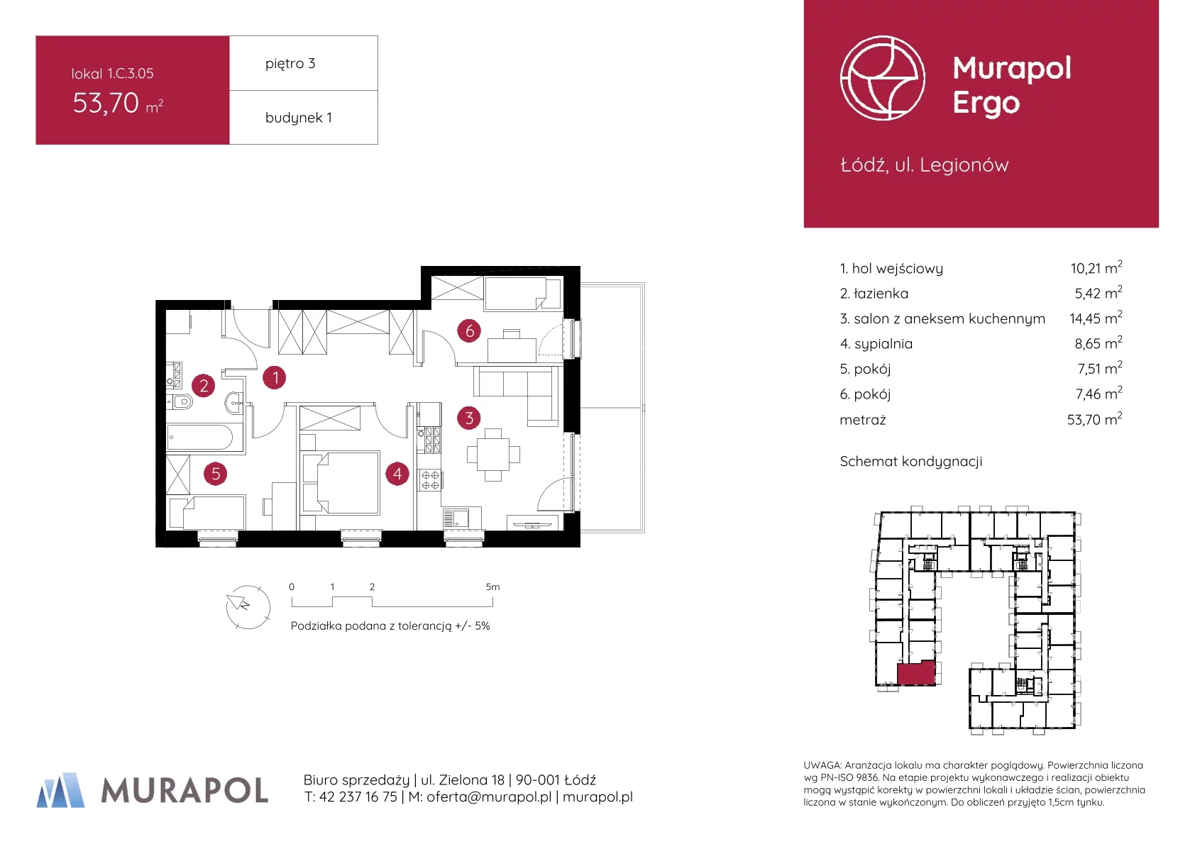 4 pokoje, mieszkanie 53,70 m², piętro 3, oferta nr 1.C.3.05, Murapol Ergo, Łódź, Polesie, Stare Polesie, ul. Legionów