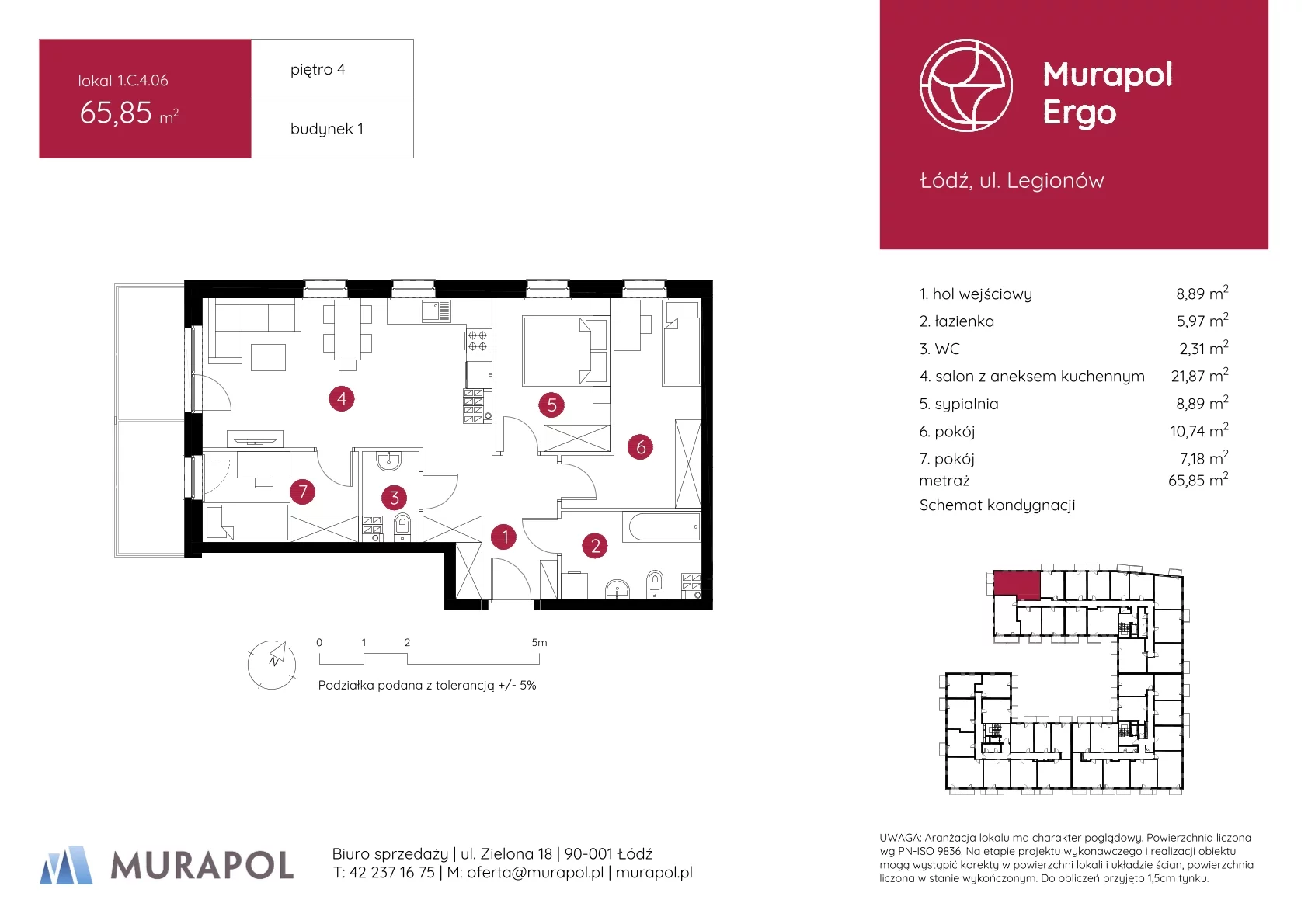 4 pokoje, mieszkanie 65,85 m², piętro 4, oferta nr 1.C.4.06, Murapol Ergo, Łódź, Polesie, Stare Polesie, ul. Legionów