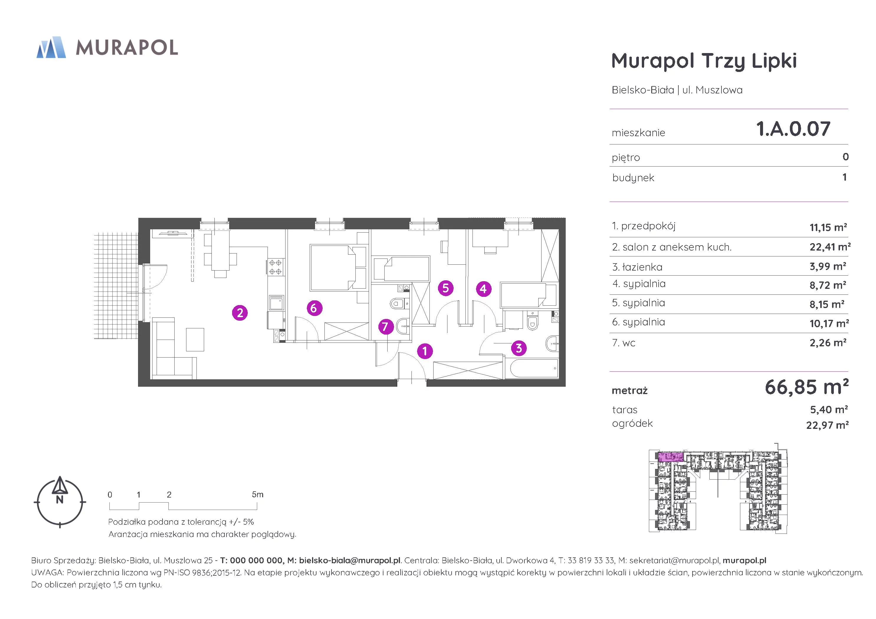 Mieszkanie 66,85 m², parter, oferta nr 1.A.0.07, Murapol Trzy Lipki, Bielsko-Biała, Stare Bielsko, ul. Muszlowa