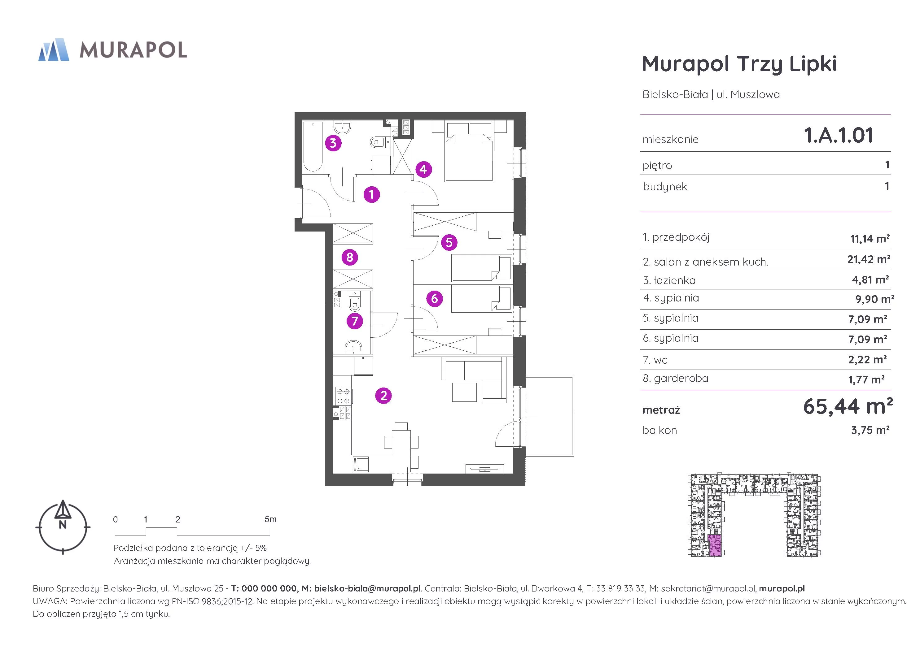 Mieszkanie 65,44 m², piętro 1, oferta nr 1.A.1.01, Murapol Trzy Lipki, Bielsko-Biała, Stare Bielsko, ul. Muszlowa