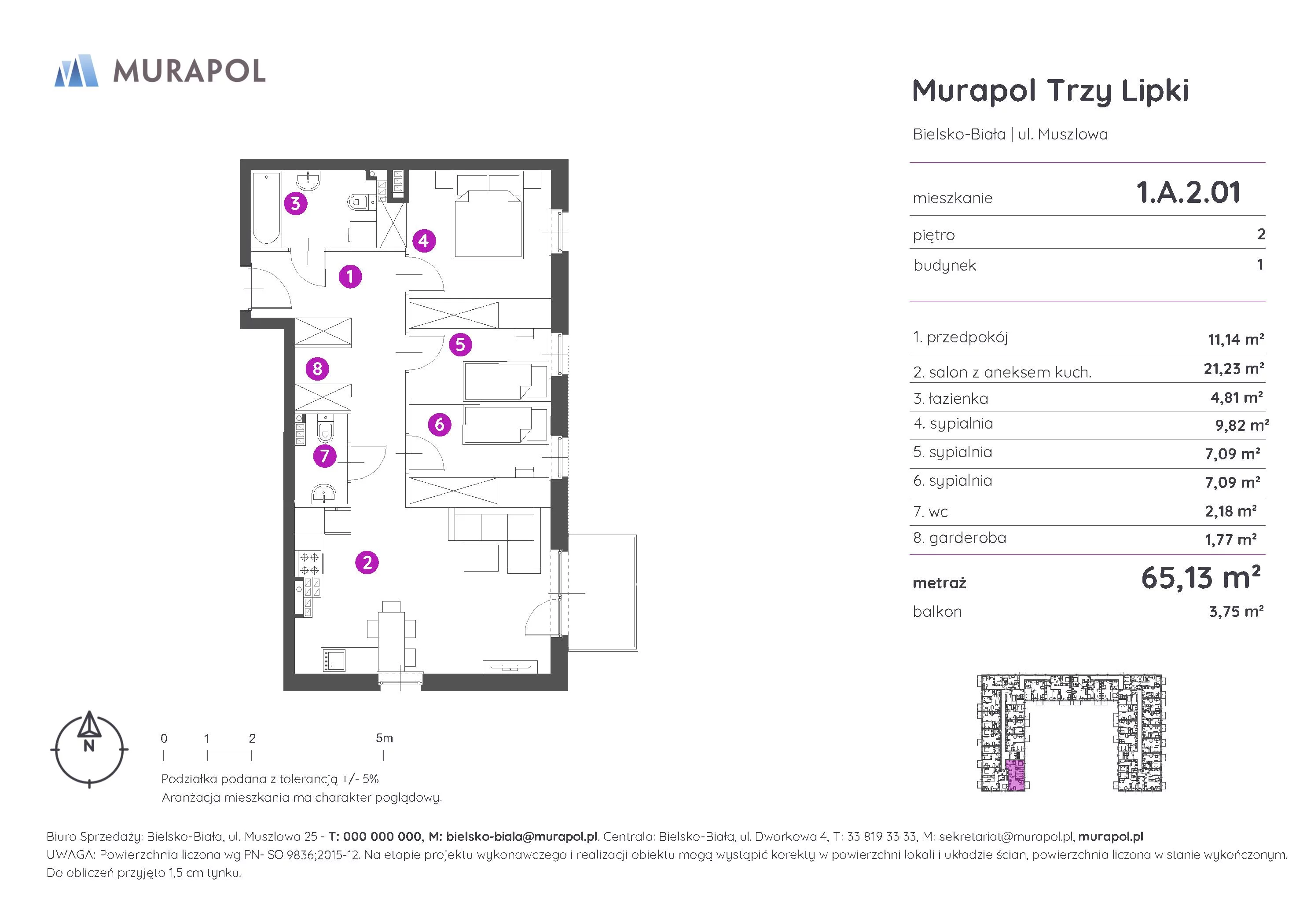 Mieszkanie 65,13 m², piętro 2, oferta nr 1.A.2.01, Murapol Trzy Lipki, Bielsko-Biała, Stare Bielsko, ul. Muszlowa