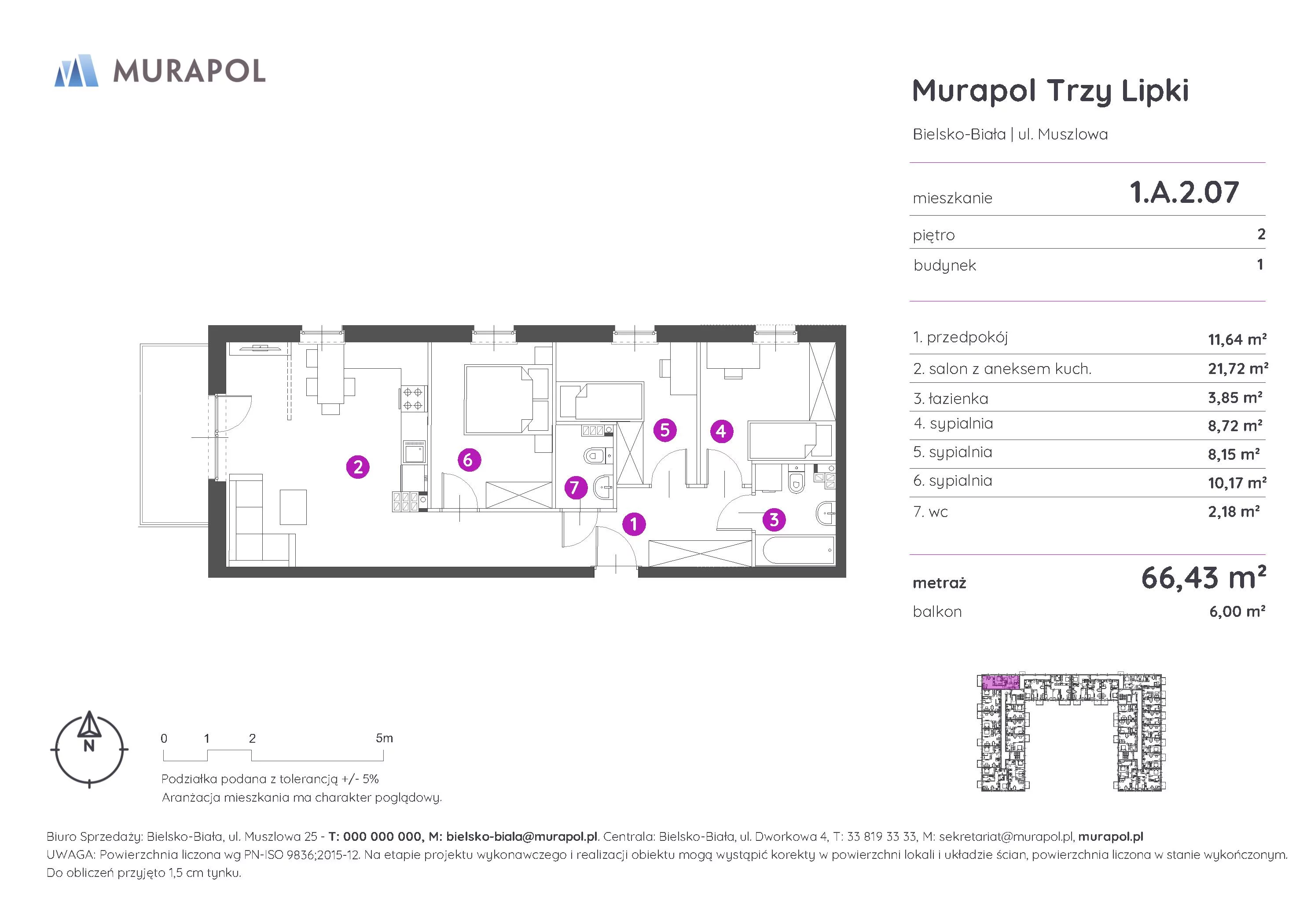 Mieszkanie 66,43 m², piętro 2, oferta nr 1.A.2.07, Murapol Trzy Lipki, Bielsko-Biała, Stare Bielsko, ul. Muszlowa