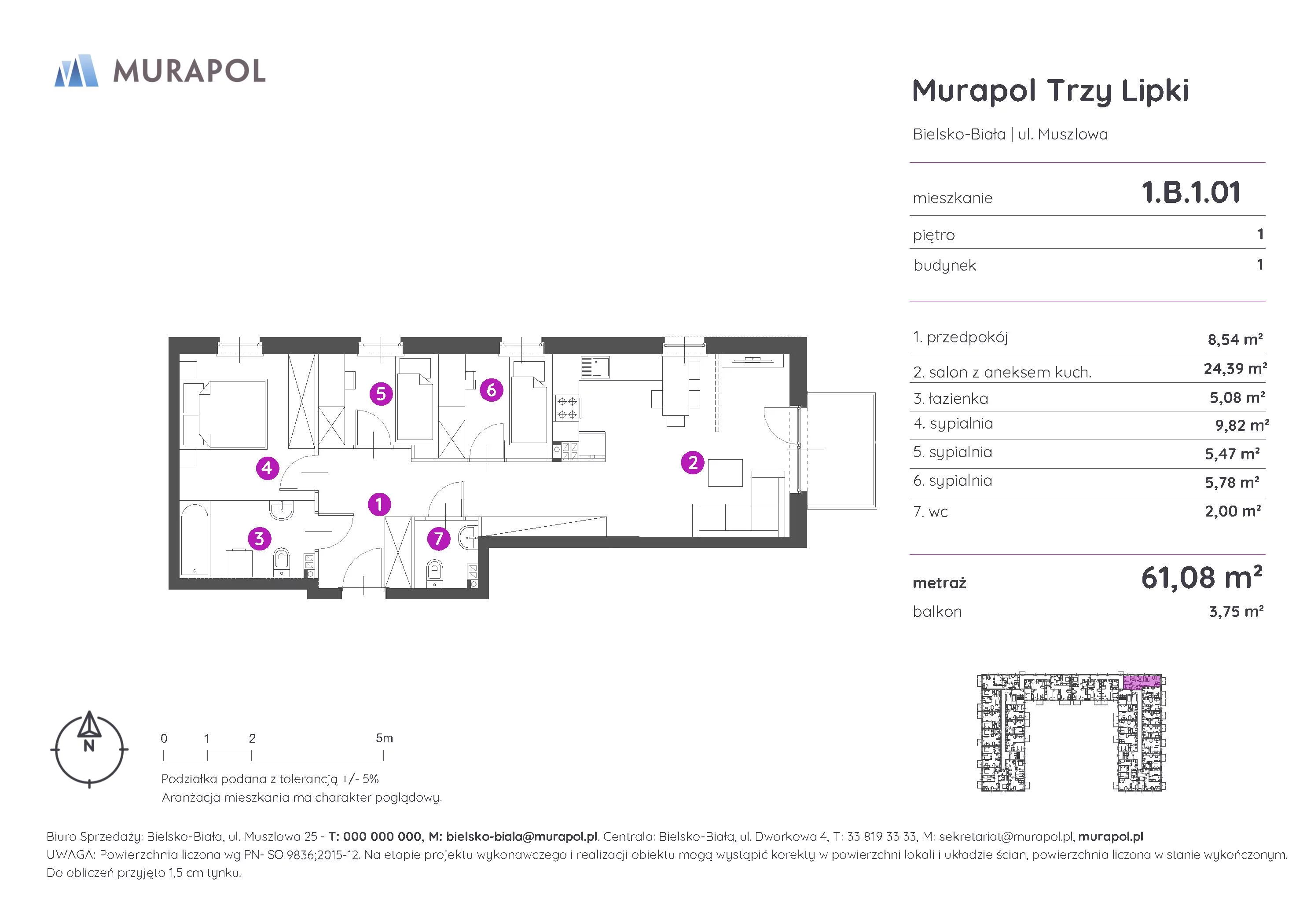 Mieszkanie 61,08 m², piętro 1, oferta nr 1.B.1.01, Murapol Trzy Lipki, Bielsko-Biała, Stare Bielsko, ul. Muszlowa