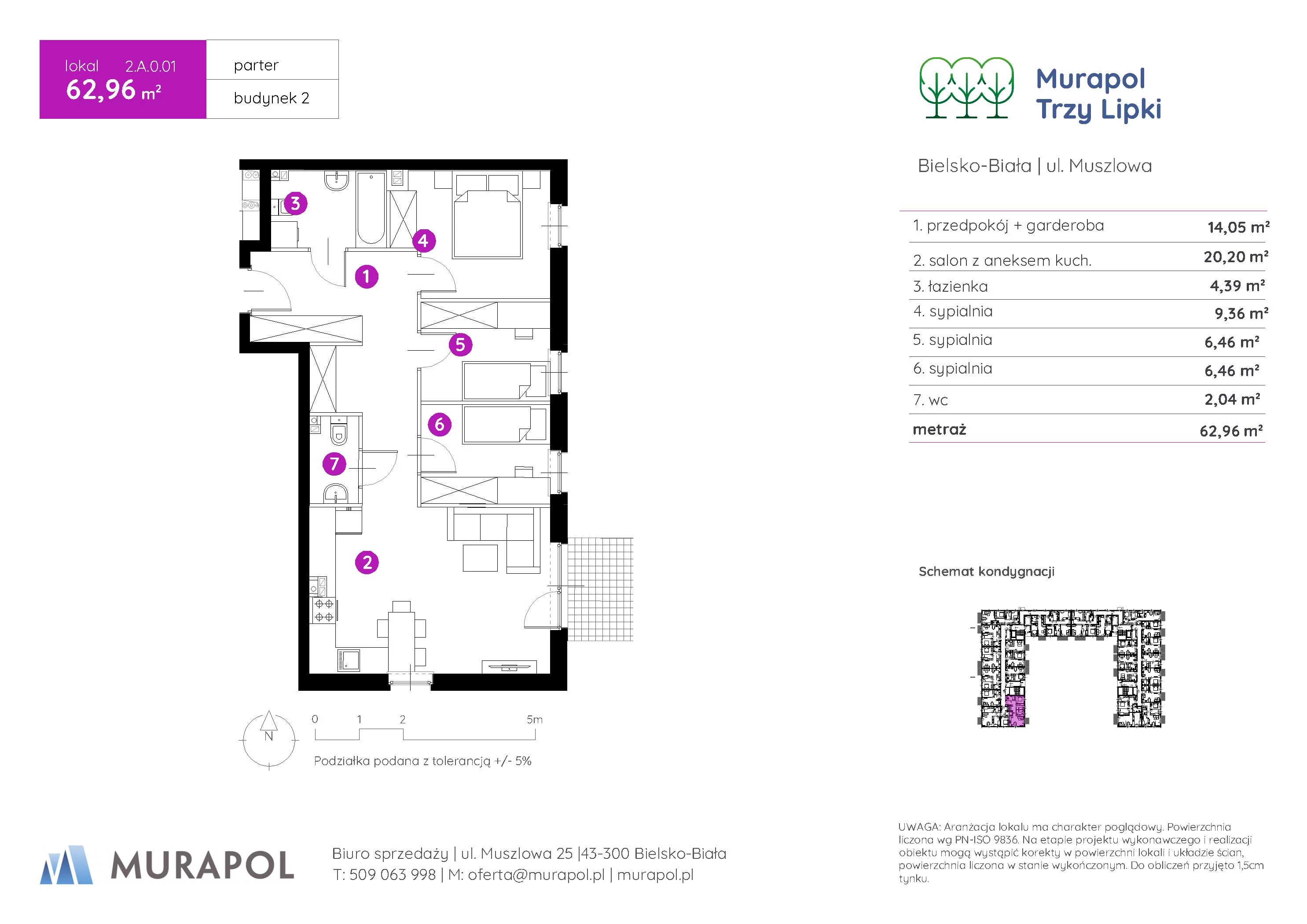 Mieszkanie 62,96 m², parter, oferta nr 2.A.0.01, Murapol Trzy Lipki, Bielsko-Biała, Stare Bielsko, ul. Muszlowa