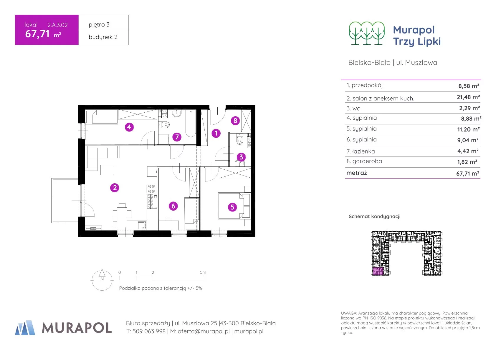 Mieszkanie 67,71 m², piętro 3, oferta nr 2.A.3.02, Murapol Trzy Lipki, Bielsko-Biała, Stare Bielsko, ul. Muszlowa