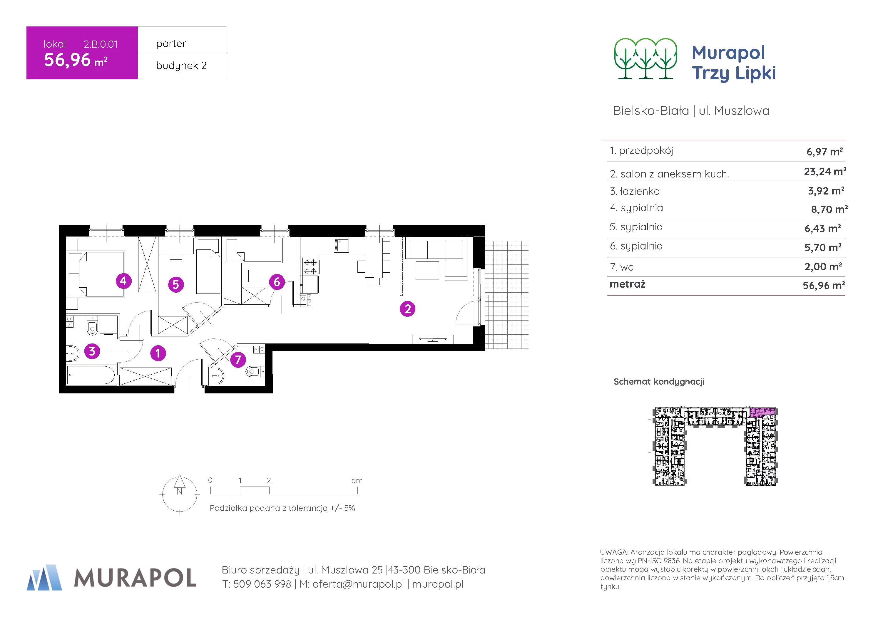 Mieszkanie 56,96 m², parter, oferta nr 2.B.0.01, Murapol Trzy Lipki, Bielsko-Biała, Stare Bielsko, ul. Muszlowa