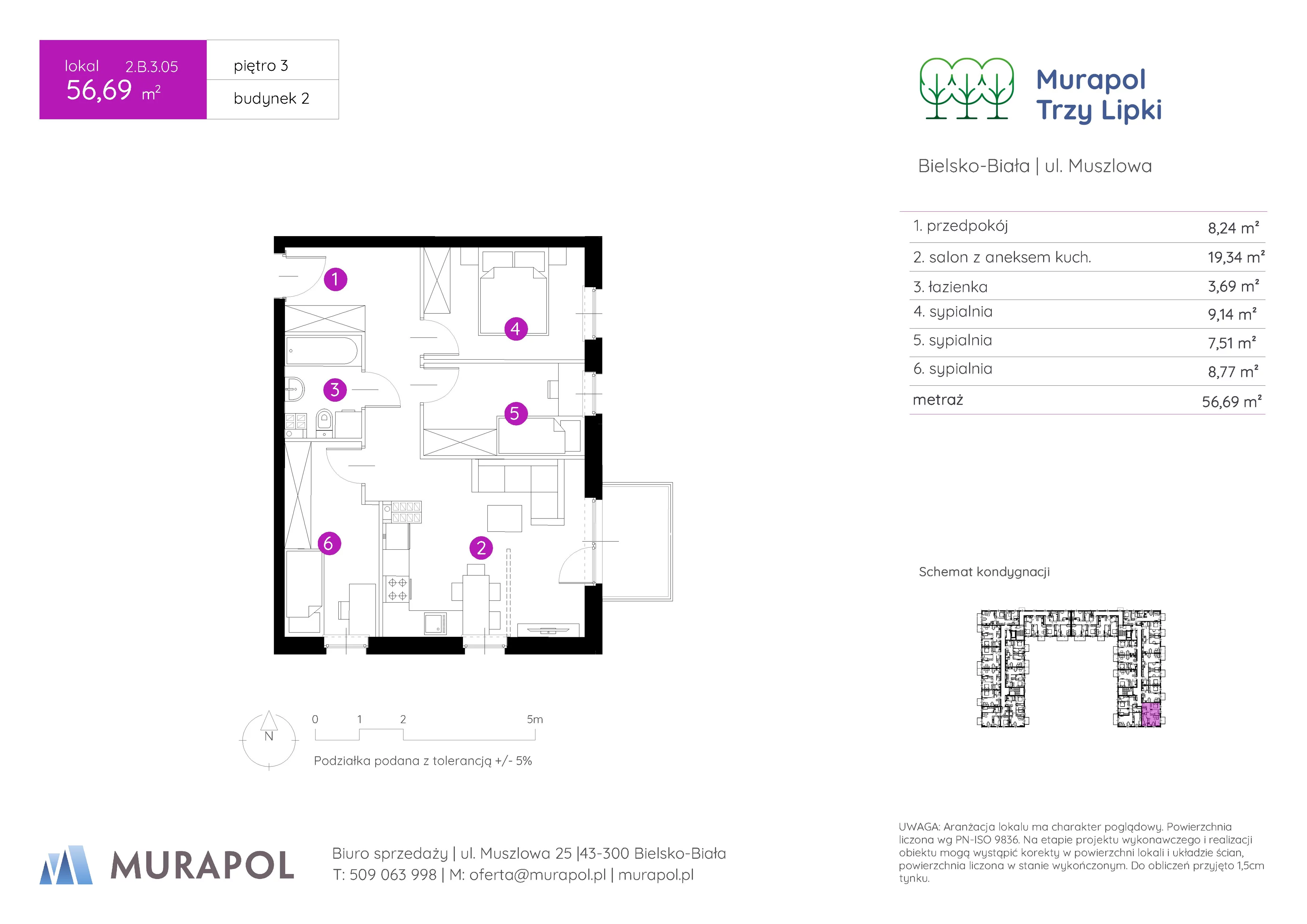 Mieszkanie 56,69 m², piętro 3, oferta nr 2.B.3.05, Murapol Trzy Lipki, Bielsko-Biała, Stare Bielsko, ul. Muszlowa