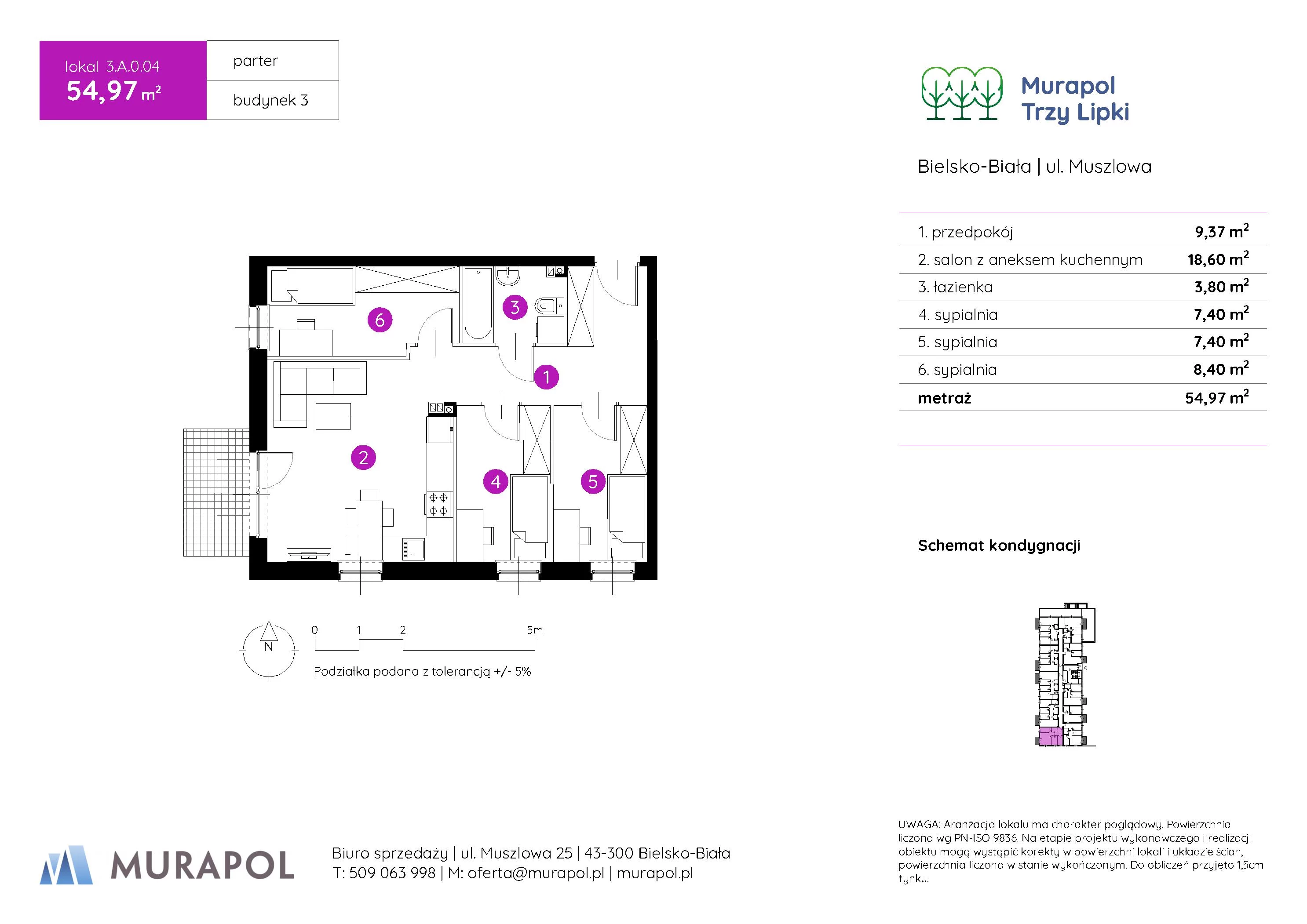 Mieszkanie 54,97 m², parter, oferta nr 3.A.0.04, Murapol Trzy Lipki, Bielsko-Biała, Stare Bielsko, ul. Muszlowa