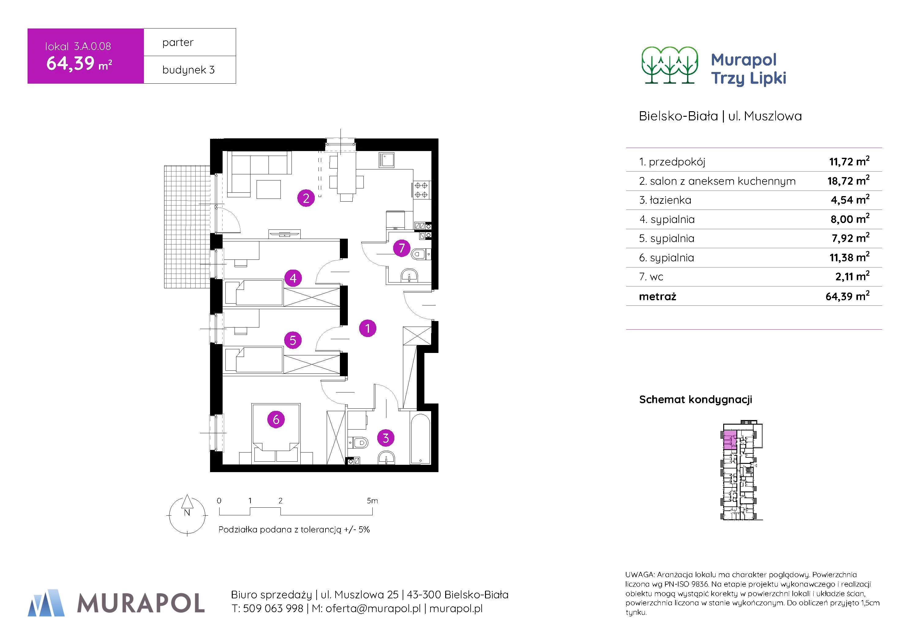 Mieszkanie 64,39 m², parter, oferta nr 3.A.0.08, Murapol Trzy Lipki, Bielsko-Biała, Stare Bielsko, ul. Muszlowa