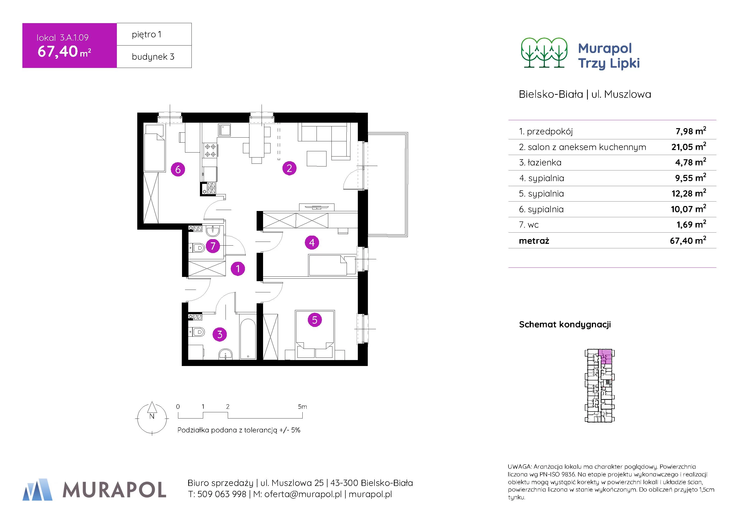 Mieszkanie 67,40 m², piętro 1, oferta nr 3.A.1.09, Murapol Trzy Lipki, Bielsko-Biała, Stare Bielsko, ul. Muszlowa