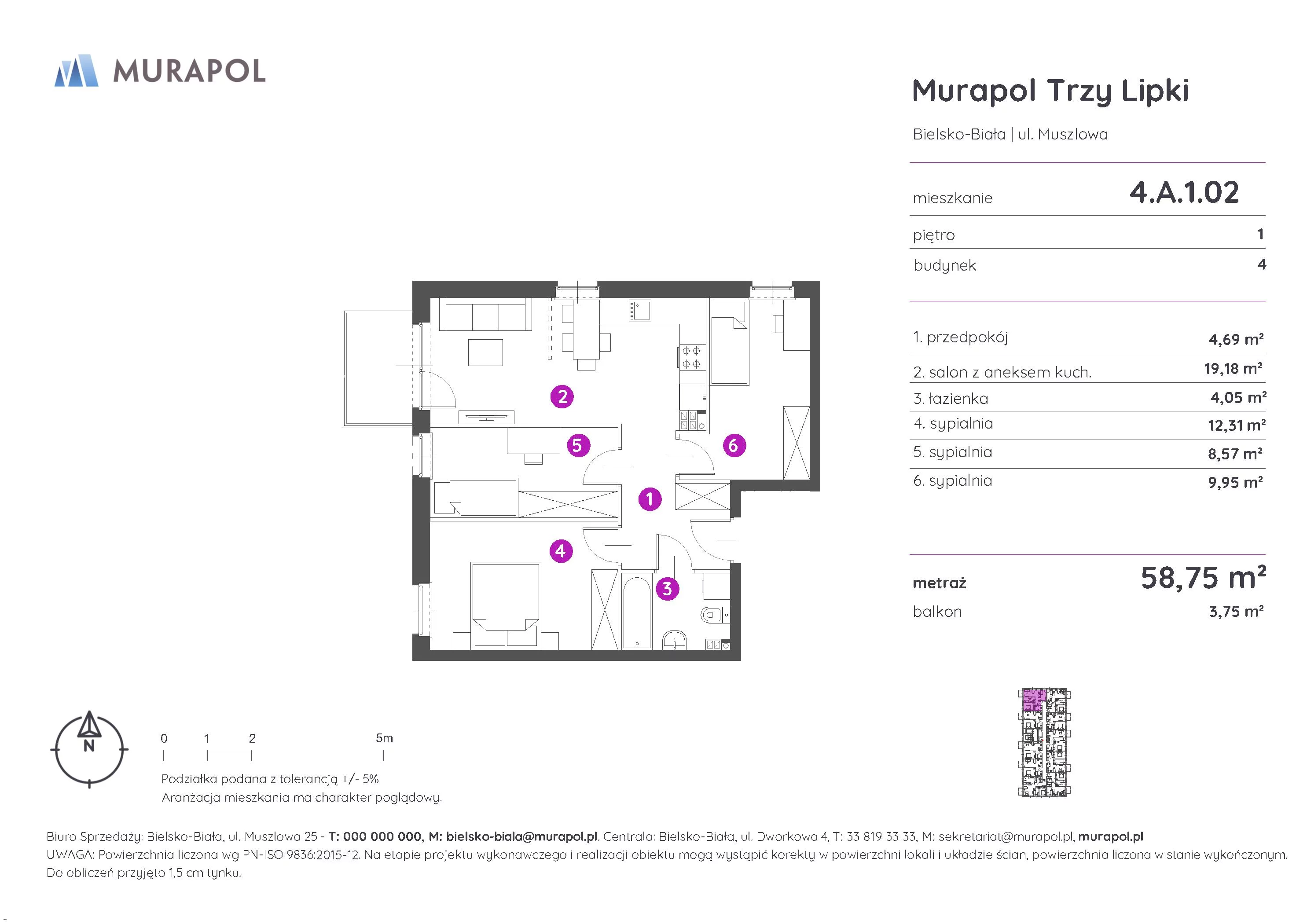 4 pokoje, mieszkanie 58,75 m², piętro 1, oferta nr 4.A.1.02, Murapol Trzy Lipki, Bielsko-Biała, Stare Bielsko, ul. Muszlowa