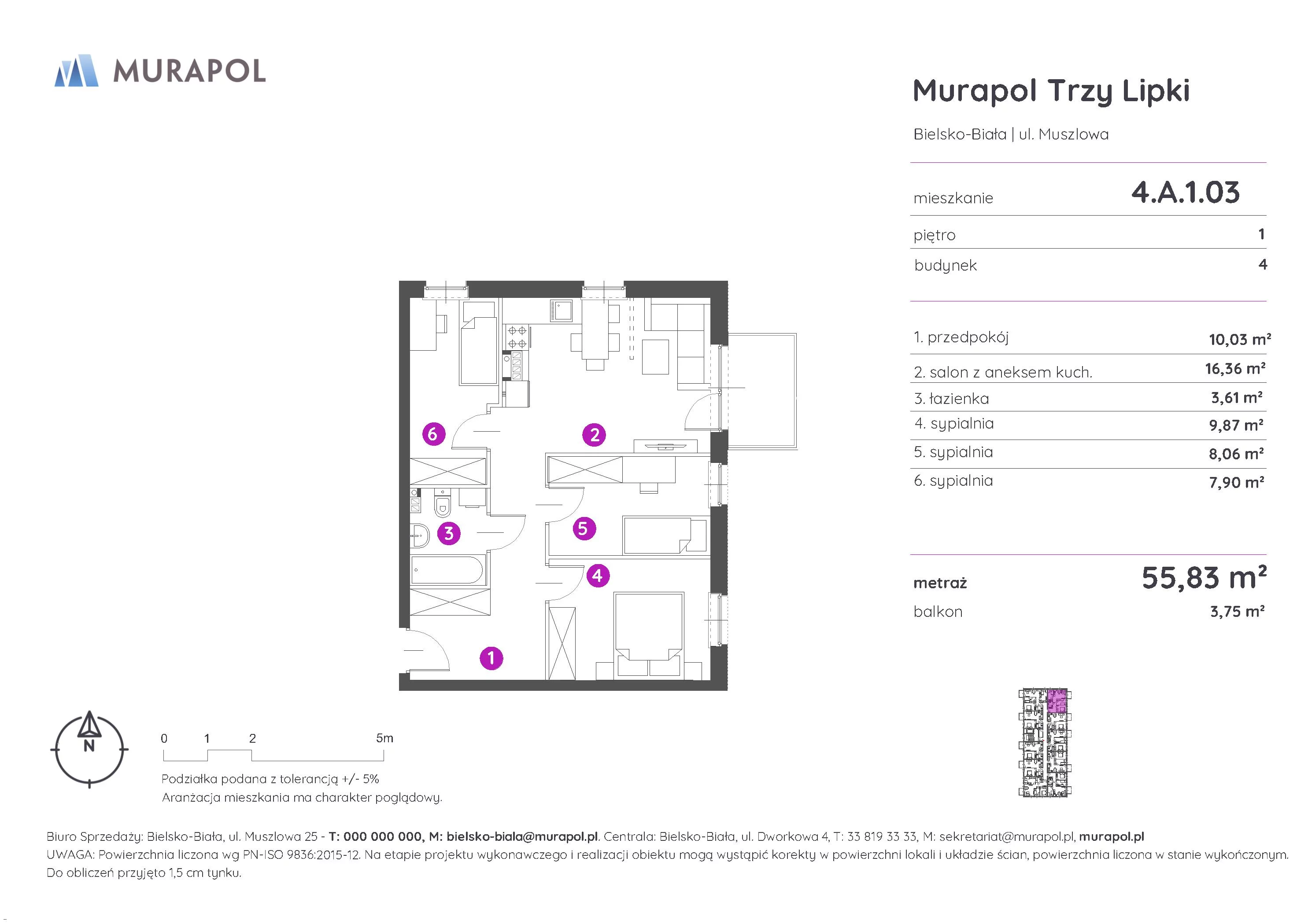 Mieszkanie 55,83 m², piętro 1, oferta nr 4.A.1.03, Murapol Trzy Lipki, Bielsko-Biała, Stare Bielsko, ul. Muszlowa