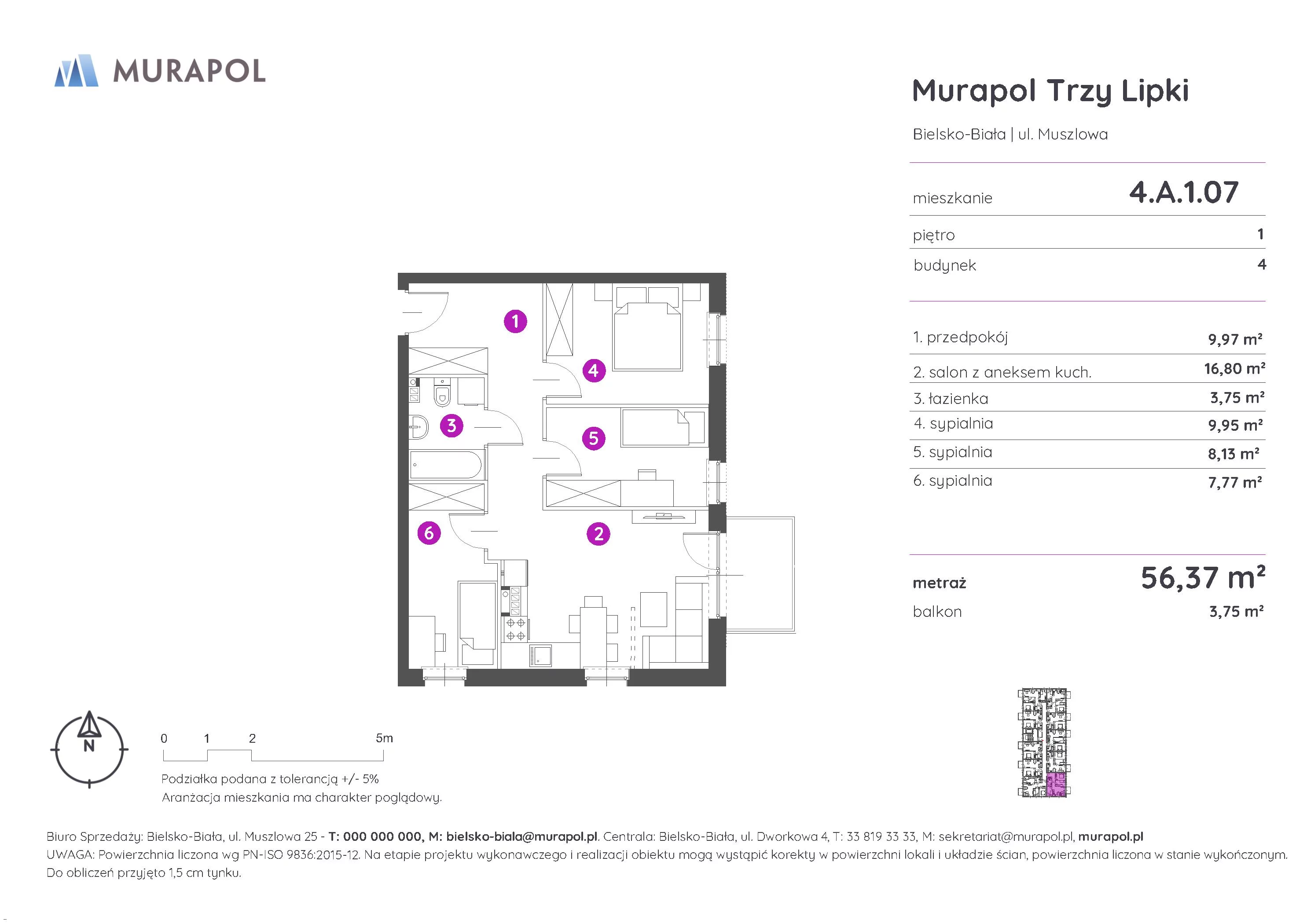 Mieszkanie 56,37 m², piętro 1, oferta nr 4.A.1.07, Murapol Trzy Lipki, Bielsko-Biała, Stare Bielsko, ul. Muszlowa